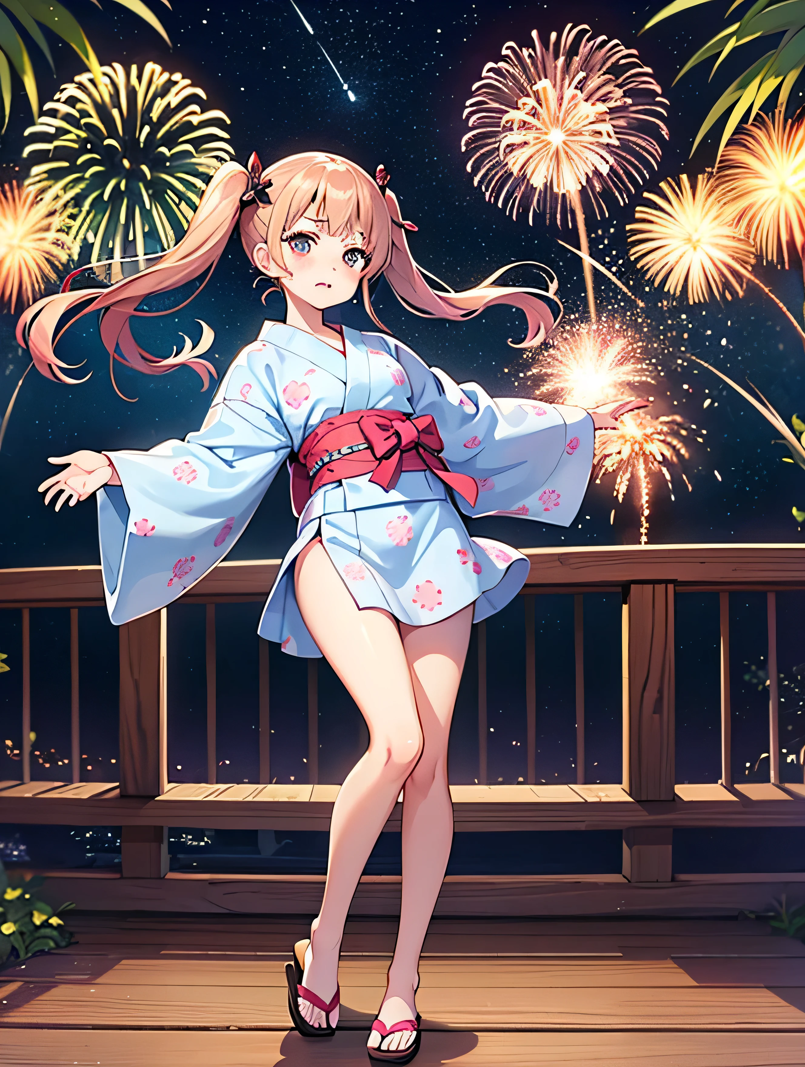 Kawaii girl, small fox ears, fox tail, wearing miko outfit, white panties, panties visible, standing on a hill, fireworks on background, night, full moon, magical sky, smiling, blushing, small girl, traditional Japanese, ultra realistic background, colorful fireworks, torii gates, inari statue
