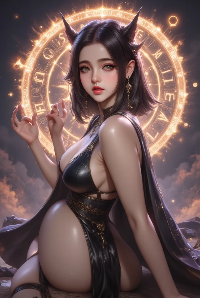 ultra-detailed, detailed face, meishaonv, gun, magic circle, V0id3nergy, 
Raw photo、Realistic、masterpiece、(Highest quality)、(High resolution:1.2)、(Perfect Anatomy:1.3)、View your viewers、Angle from below、One girl、((Beautiful girl astrologer))、fortune teller、Horoscope、Tarot reading、(Super hourglass body type:1.3)、(Super big breasts:1.3)、(Hold the light ball in both hands:1.3)、Correct fingers、A confident smile、purple black hair、(Magic circle in the background)、(Glowing astrology magic circle)、(Acrobatic pose)、A dramatic, cinematic atmosphere、Food、(Increased costume transparency:1.3)、((Super see-through))、(Crystal Jade)、(Tarot cards lined up in the air)、Celestial globe、(Mysterious lighting)、((Predicting the audience))、Constellations in the background