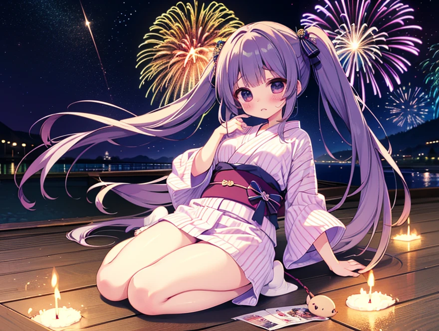 海岸で座って寝そべってfireworkを見ている黒髪少女、Pigtails、Sitting with legs crossed、summer、日本のsummerらしい淡いブルーマリン色の浴衣、A pale purple and pale white Japanese-style check pattern、Pale blue band、Night Sky、firework、Starry Sky、