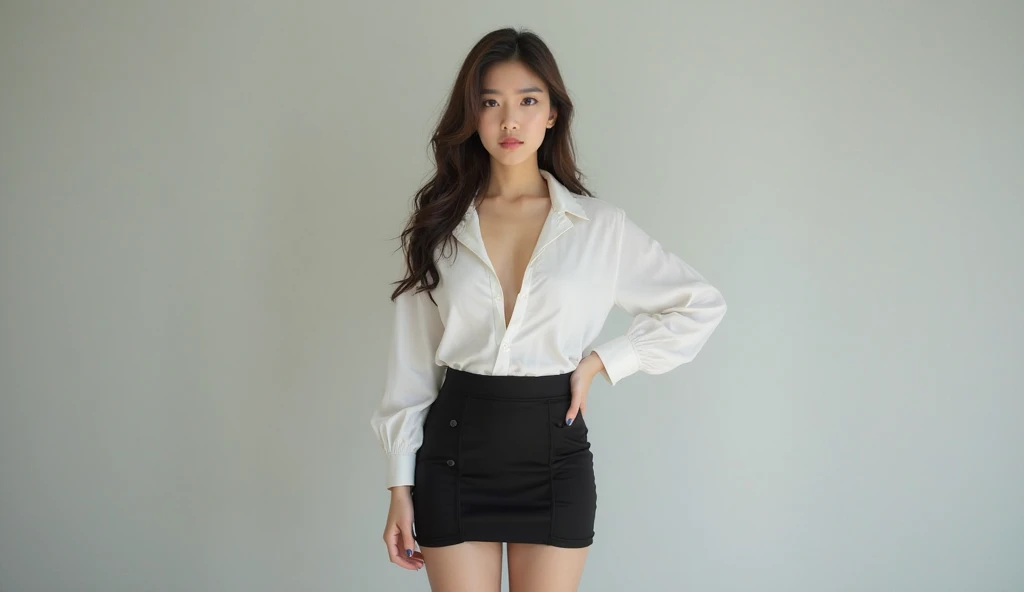 (masterpiece:1.3), (8 thousand, realistic, RAW photos, best quality: 1.4), (1 woman), (full body shot),  (Standing beautifully like a model), (very sexy),  (Beautiful makeover), (유난히 beautiful face), (Build a firm and beautiful body through exercise)  (beautiful face), (beautiful face),  (long eyelashes),  (double eyelid), (big bust)  ,  (Beautiful heaps),   (realistic face), (black hair. parted, long hair:1.3), 아름다운 parted스타일, realistic eyes, (really beautiful and delicate eyes), (realistic skin), (beautiful skin), (Thin blouse), (short skirt), (realistic 팬티스타킹),  (absurd), (attractive), (ultra high resolution), (extremely realistic), (very detailed), (golden ratio), (Wearing dark stockings makes your legs look really pretty and long.........), (small size feet),  (high heel), (necklace),  (earring),(beautiful nails manicure), (So beautiful and sexy), (beautiful office woman uniform)
