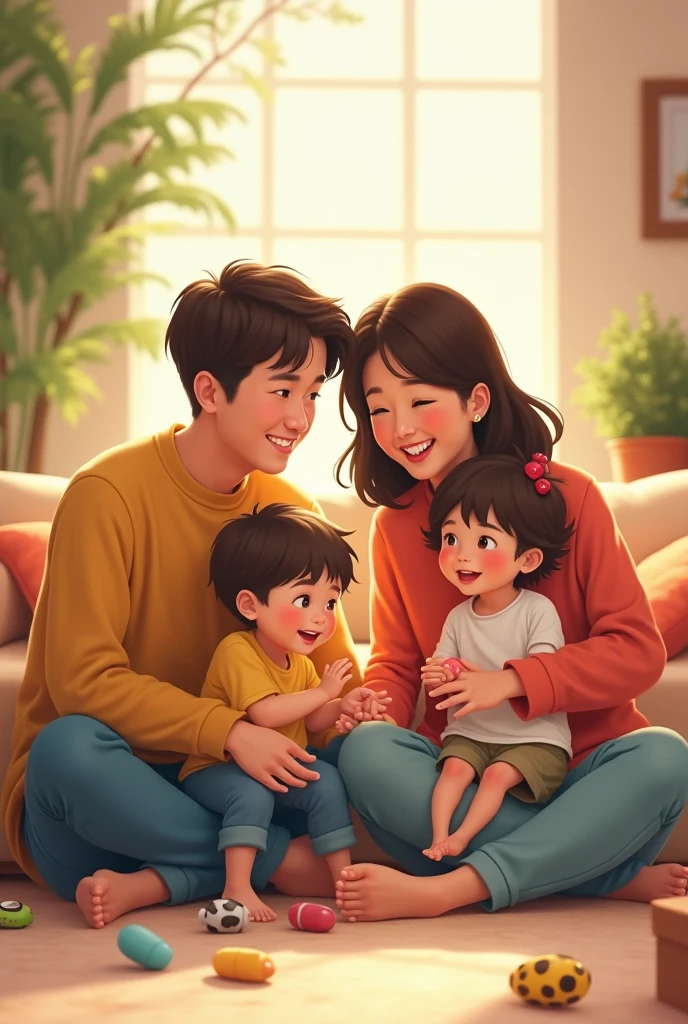 A final scene showing the whole family together in a peaceful and serene atmosphere, emphasizing their love, unity, and happiness. The family is relaxing in the living room or spending time together in their cozy home.