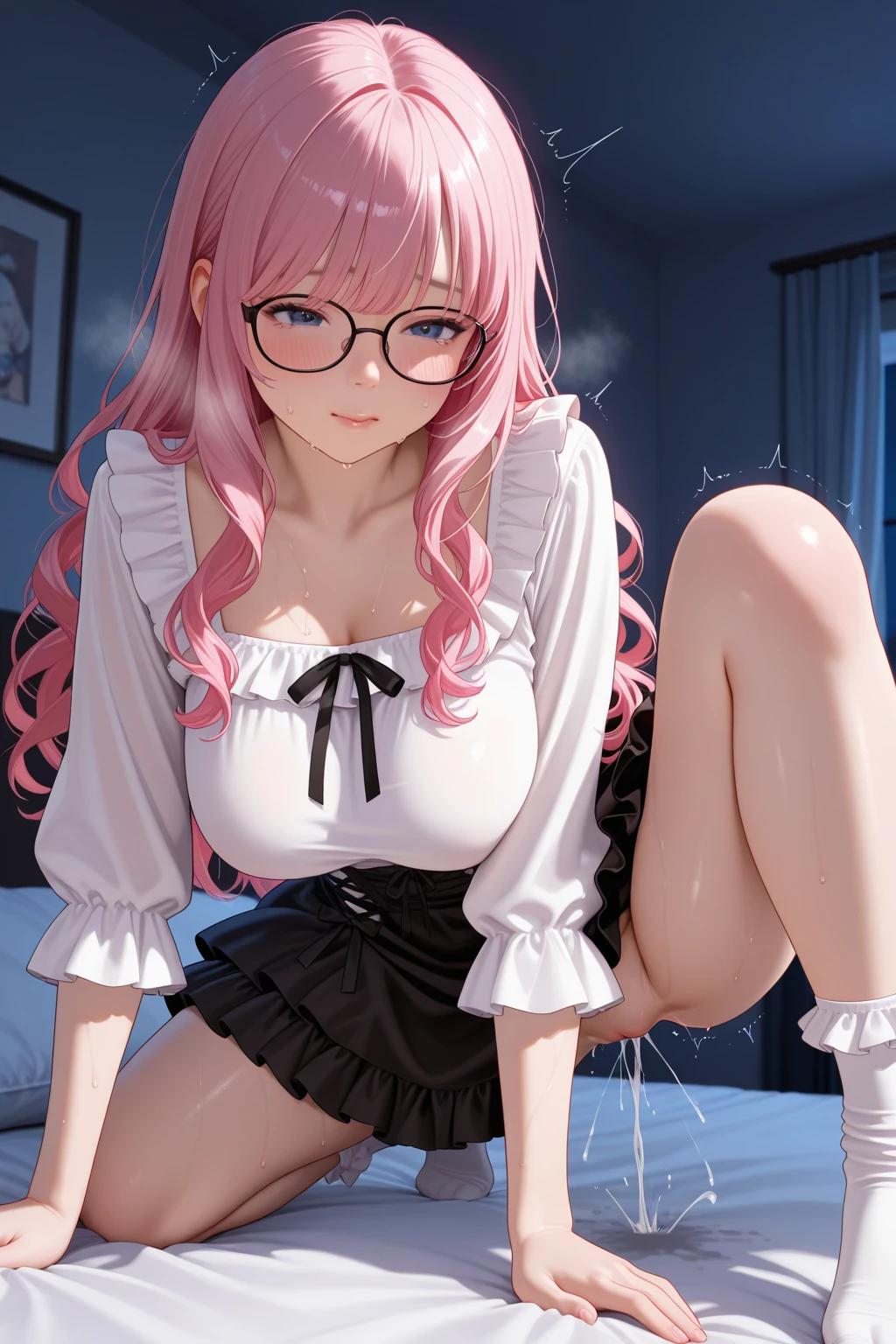 busty elf with pink hair and blue eyes, showing underboob, in a short skirt, blushing, wearing glasses --auto