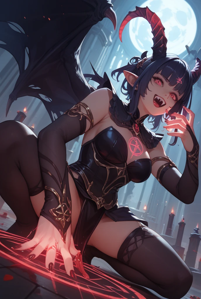 demon horns, red eyes, in classroom, student mind control by succubus, sexy latex strips, blowjob, with demon wings