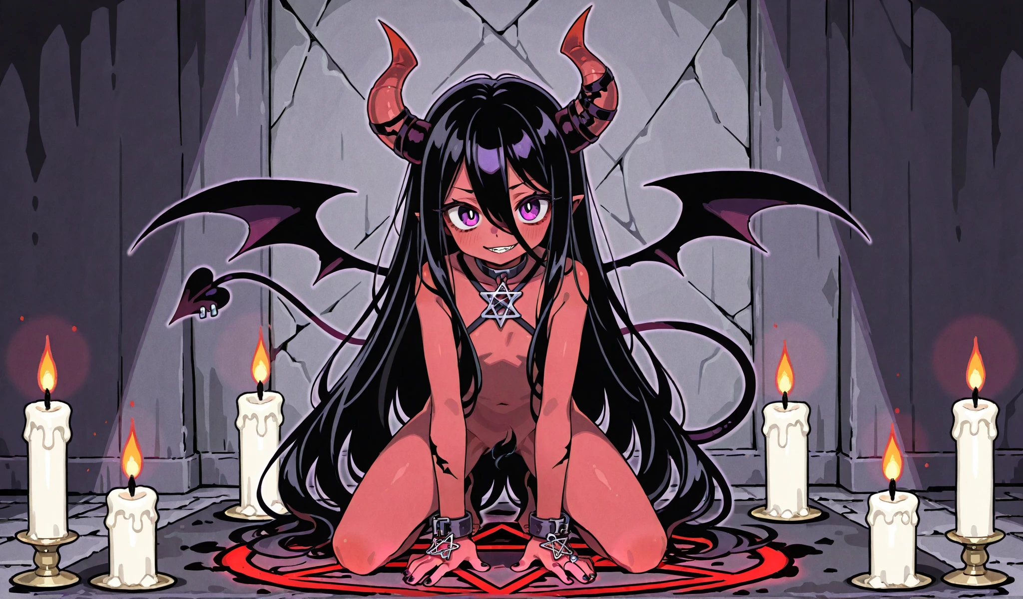 1girl, (skinny, tall), small breast, long straight hair, dark hair, blunt bangs, sidelocks, blunt ends, orange eyes, cold look, red skin, horns, succubus tail, wings, long nails, hooves, nude, pubic hair, full body