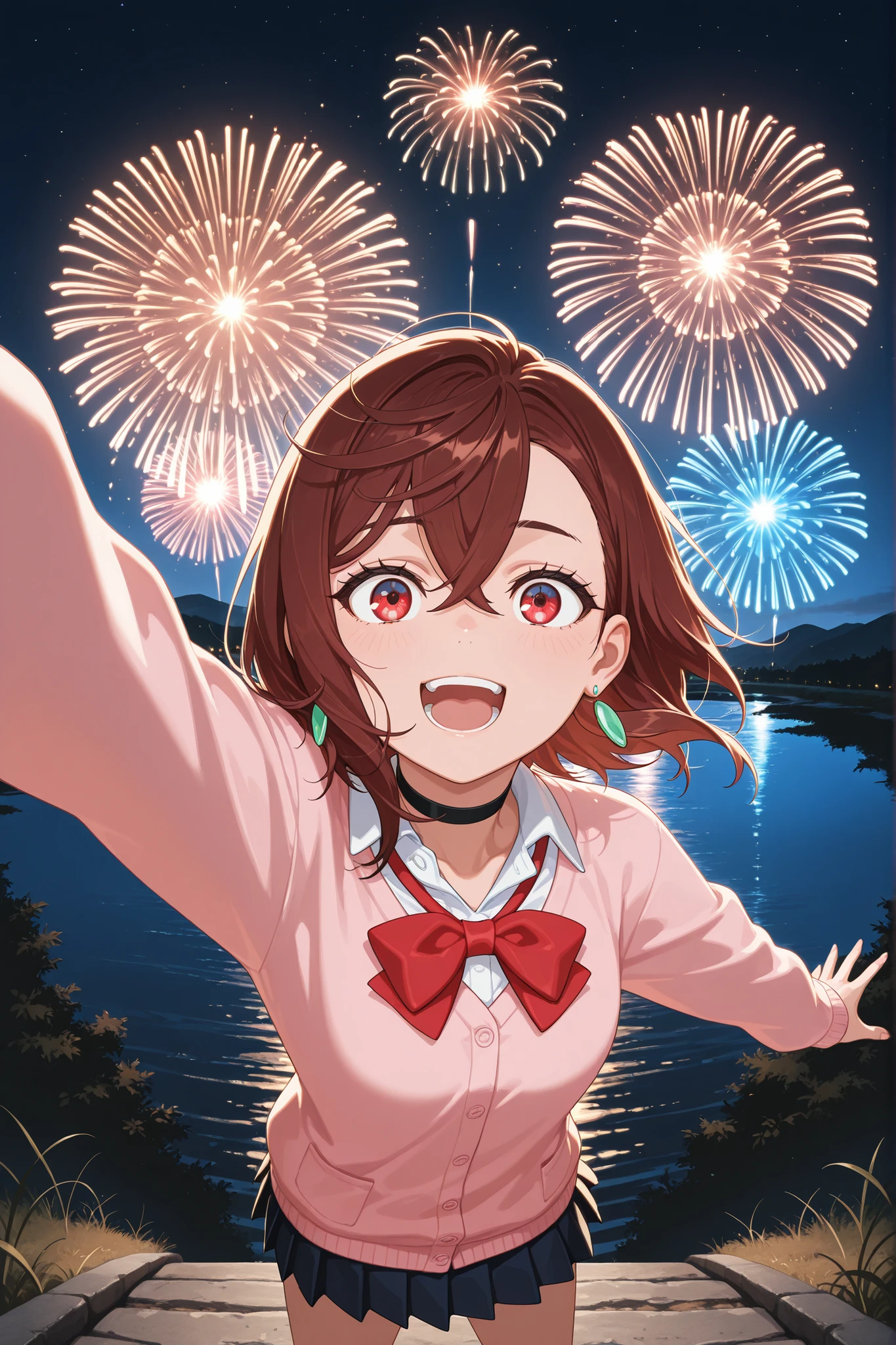 (absurdres, masterpiece, best quality, ultra detailed, detailed background, cinematic lighting, top view), (many colorful spectacular fireworks filling wide sky, ultrawide fisheye lens:1.4), (beautiful anime face, long eyelashes, detailed brown eyes), (voluptuous perfect toned lean kawaii 1girl, narrow waist), brown hair, long wavy hair, (wide ponytail, cute bangs, parted bangs), (red eyewear, semi-rimless eyewear), (massive enormous gigantic heavy huge hanging breasts, cleavage), (bighead, short body, round face), (face closeup, leaning forward:1.4), school uniform, bowtie, (wet see-through short-sleeve blouse, downblouse), (short pleated skirt), glossy skin, (twilight dusk evening), looking at viewer, (flushed, heavy breathing, exhausted, parted lips), beaming smile, naughty grin, subtle blending, ultrasharp focused, brilliant highlights, dreamy ambiance, mesmerizing, Kiyal style <lora:kiyals-magical-time:0.8>
