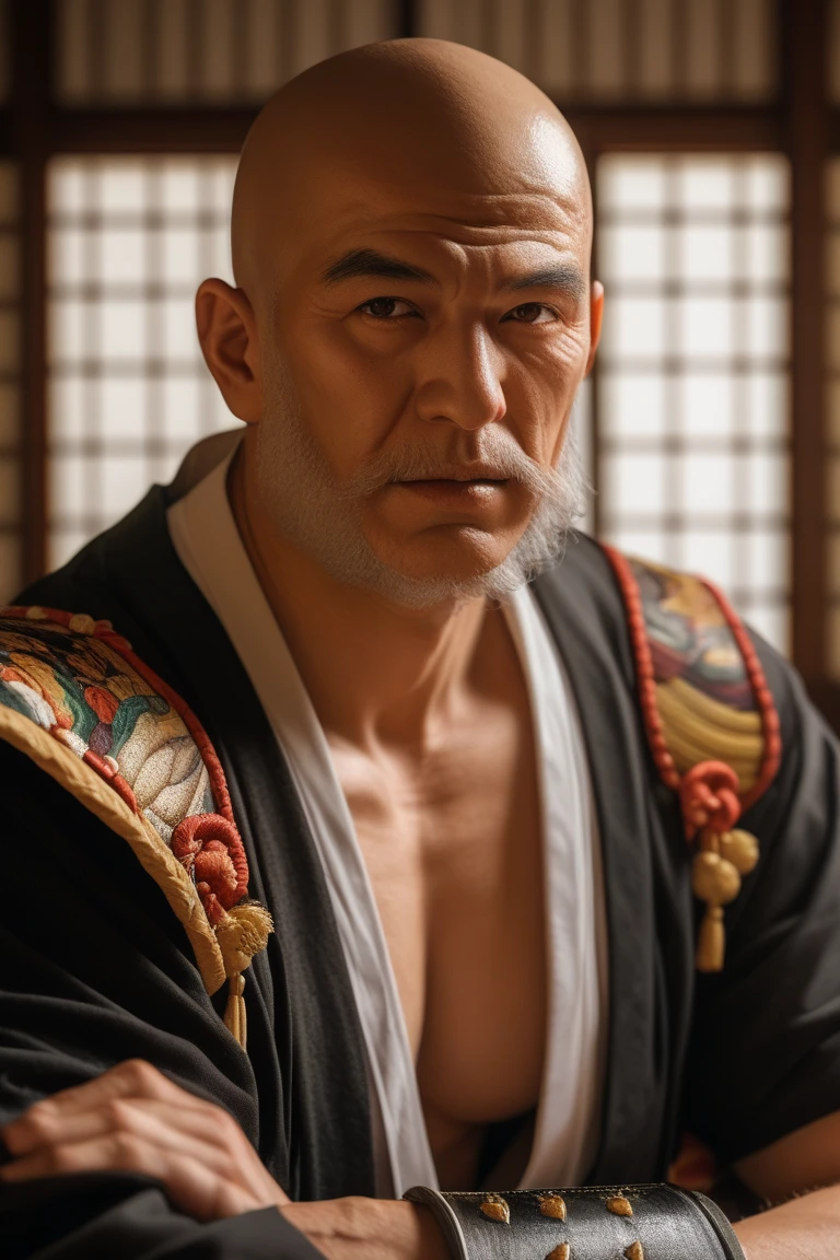 A breathtakingly photorealistic image of a formidable Japanese yokai, known as Ōnidayu, depicted in a horror setting. The massive, muscular figure stands imposingly, with a wrinkled, menacing face and a thick white beard. He is dressed in an elaborate,
 traditional green kimono adorned with intricate gold patterns. Captured with a Nikon Z9 full-frame mirrorless camera equipped with a Nikon NIKKOR Z 58mm f/0.95 S Noct lens. Shot from a low angle to emphasize his immense presence and intimidating
 stature, using a one-point perspective to add depth and focus. The setting is a dimly lit, ancient Japanese temple with faint, eerie lighting casting dramatic shadows and enhancing the sinister atmosphere. The image is rendered in stunning 16K resolution,
 capturing hyperrealistic details of his textured skin, the rich fabric of his kimono, and the atmospheric background. Colors are dark and muted, meticulously graded in the ACES color space for a cinematic and haunting tonality. The composition is
 meticulously crafted to eliminate any imperfections or distractions, ensuring a flawless, spine-chilling image that pushes the boundaries of photorealism.--ar 9:16--v 6.0--q 2--s 100