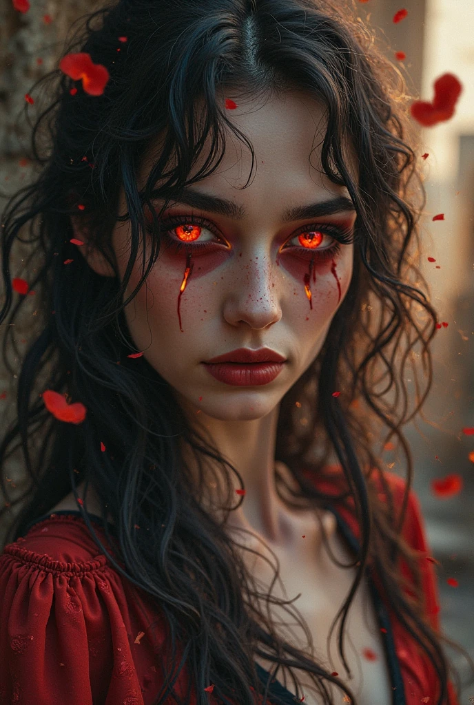 a portrait of vampire with a bloody tear coming down from he eye, an exotic beautiful female vampire, dynamic hair color, dynamic hair style, ultra detailed face, best detailed face, dynamic eye color, ((1single red teardrop, teardrop made of blood coming down from the eye: 1.3)), Ultra-high resolution, High Contrast, (masterpiece:1.5), highest quality, Best aesthetics), 16K fantasy art, best details, best quality, highres, (ultra wide angle: 1.2), 16k, [ultra detailed], masterpiece, best quality, (extremely detailed), dark novel, crying with tears