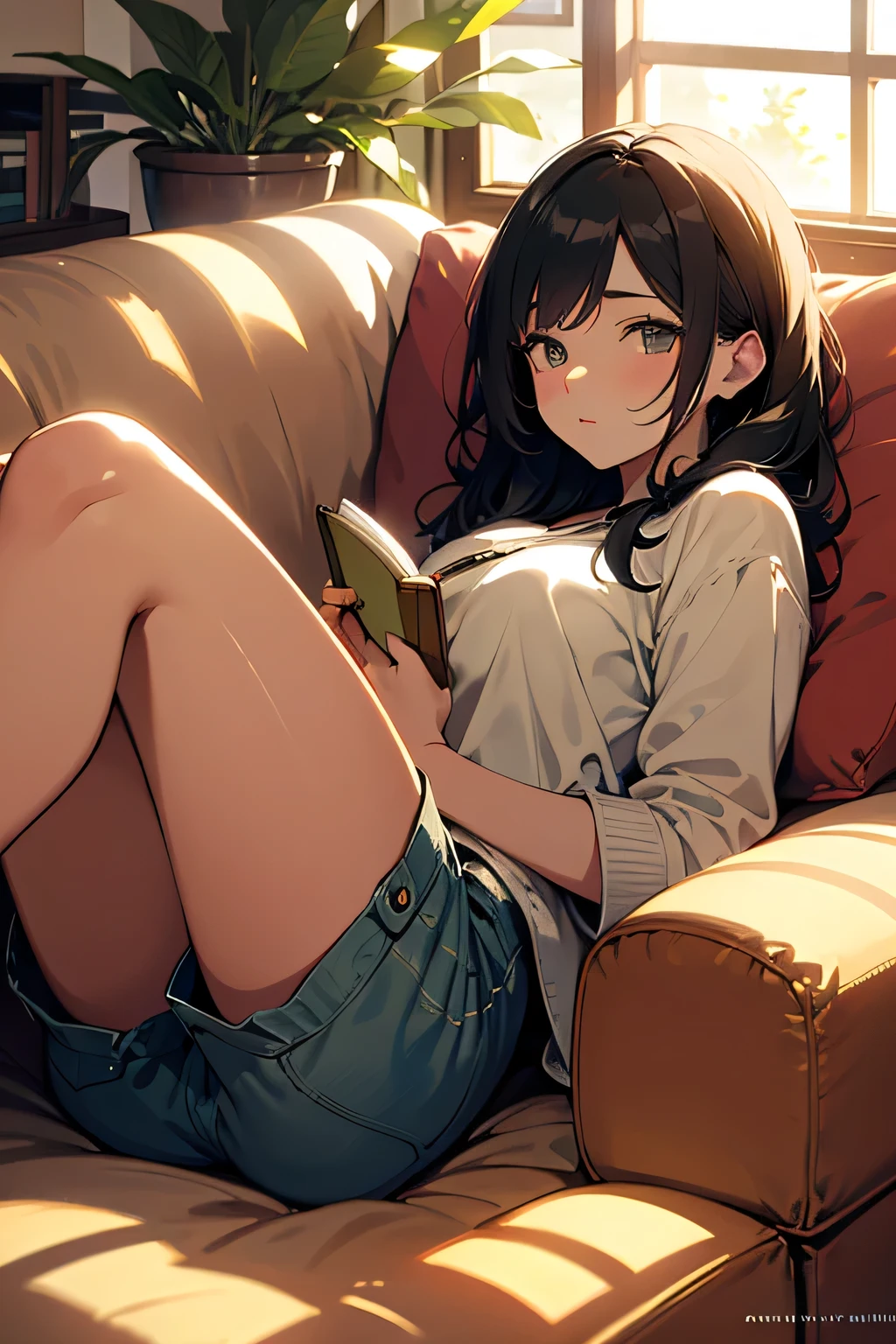 Haz a una chica sentada en un sofa leyendo un libro 