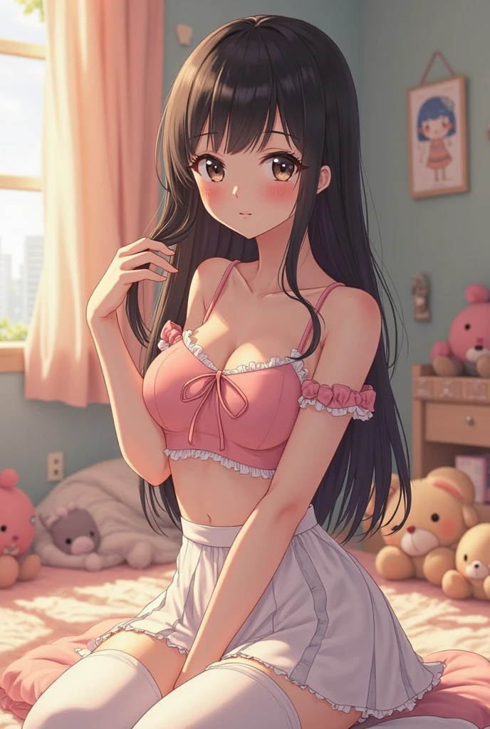 Realistic、Realistic、Genuine、Elementary school girl、9〜、Japanese Model、Full body photo、Front view、Straight posture、Open the front legs、Sitting with legs crossed、Knee Up、M-shaped legs、No pants、Silk skin、White snow muscle、Looking up、Eyes of hollowing、Provocative eyes、Extremely small nose、Adorable innocent face、Baby Face、smile、Small face、Black Hair、Ultra-thin wavy hair in twin side tails、Young lady category、Many small pink ribbons、Shoulder Bare、Shoulder straps、White thin camisole、Tiny camisole、I can see your chest、Small breasts、Small breasts、Beautiful breasts、Ultra-thin waist、extra-thin thighs、Long, straight legs、White and supple legs、Provocative legs、Red and pink checkered skirt、Tiny Skirt、Ultra-thin skirt