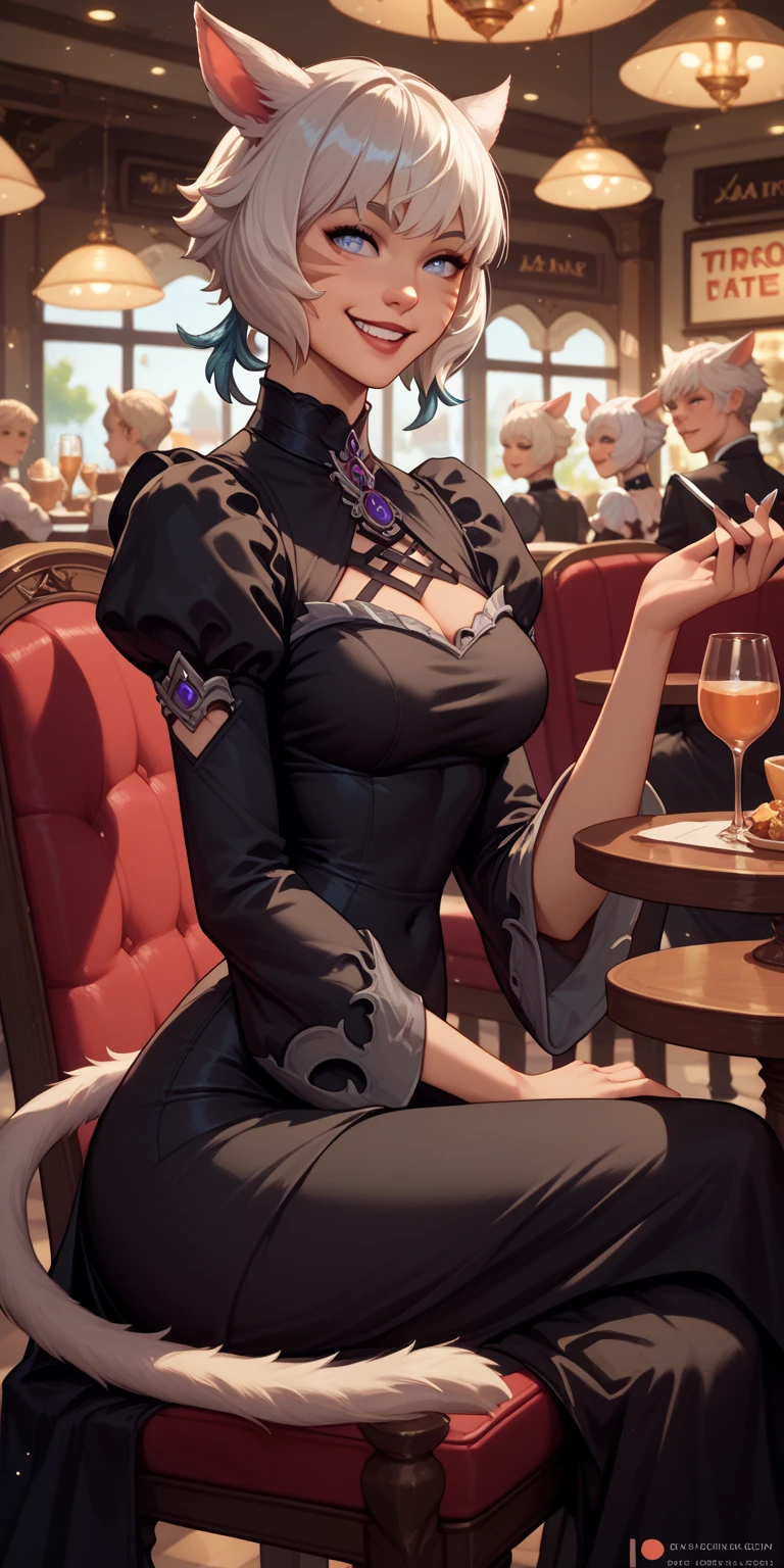 y'shtola rhul, On a Date, In a Black Dress, At a Restaurant, sitting in chair, Smiling
