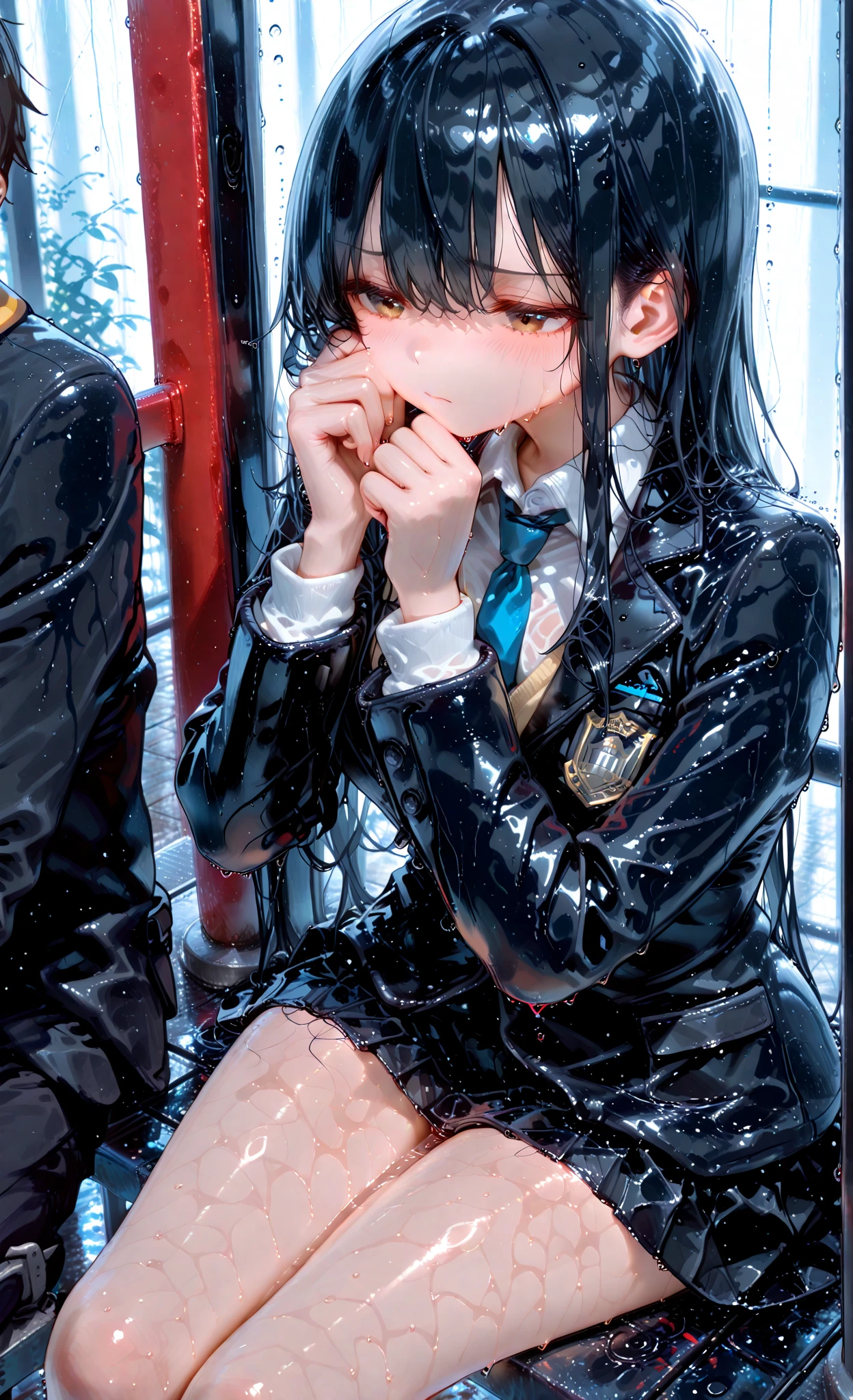 there is a woman in a uniform sitting on a toilet, she is wearing a wet coat, character is covered in liquid, covered with black goo, けもの, seifuku, fubuki, 奈良美智, mysterious black slime, damaged japanese clothes, wearing atsuko kudo latex outfit