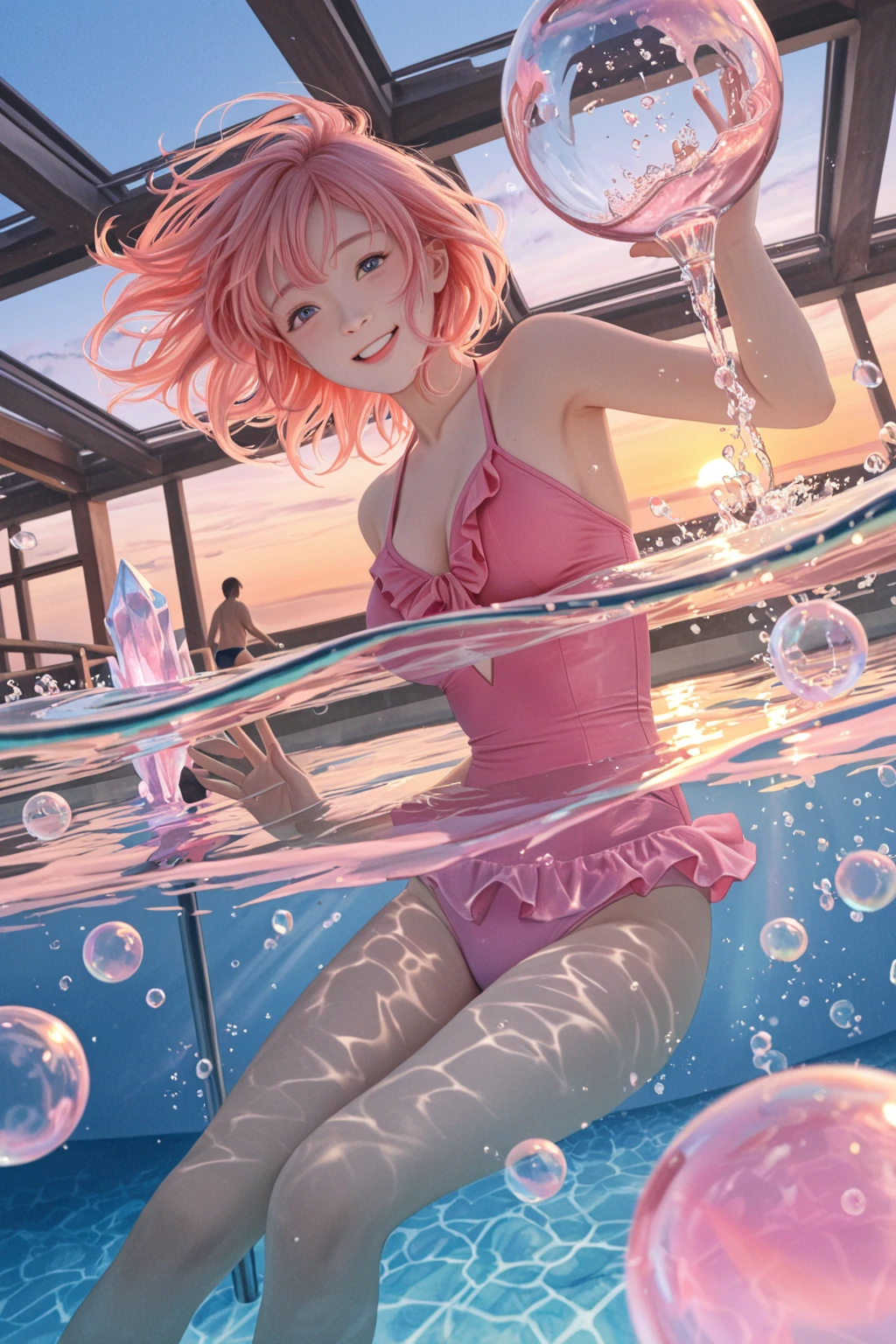 Super detailed, 8K, Water in a glass, bubble, Right blue water, nice, bright,pretty girl,In the water,Swimwear,Pink Hair,ピンクのSwimwear.pastel
