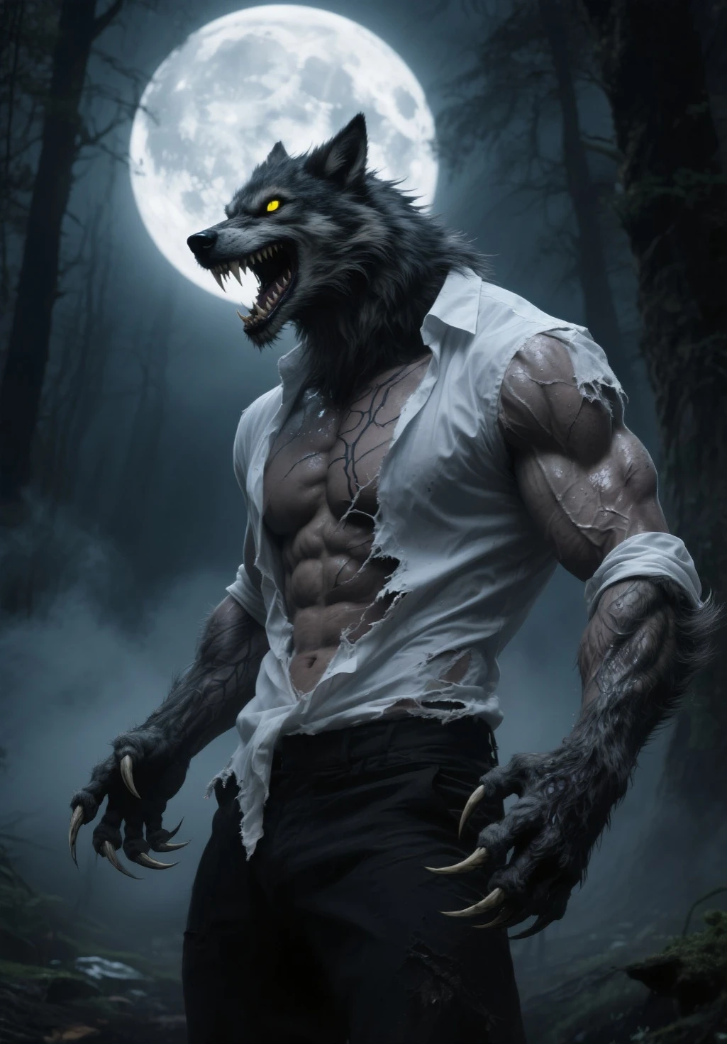 A werewolf rises in an abandoned haunted lost city. Moonlight highlights your muscles and scars.. The landscape is lush and mysterious., with dark city and surroundings. The camera details everything., a warrior woman, in front of him , salivating, squat black briefs