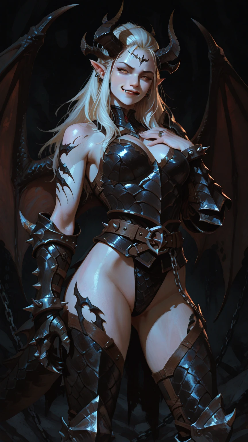((((Jennifer Connelly)))) as, Voluptuous, Busty White-Haired Female Dark Knight in ((((Black Full Metal)) Bikini Armor)), Red Eyes, (Thigh high Full Metal Armored Boots). (((Full Body View))), Long hair, Messy bun, (Red Cloak), (Red Pleated Skirt), detailed, perfect makeup, beautiful lips, large hoop earrings, (METAL bikini armor), No Helmet, (No Spikes), (Tall girl, Long legs), (Solo, 1girl), (Masterpiece, Detailed, 4k), perfect face, perfect lips, perfect makeup, dark eyeshadow, Unreal Engine 5, (Full Body Portrait), absurd resolution, high resolution