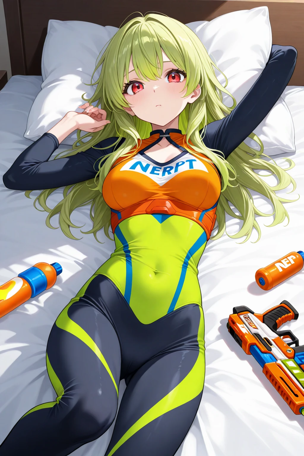 Android 18  In  green bikini dead in bed with  closed eyes, decubitus supine, body, arms open  Horizontal , legs open Separated, view front, 