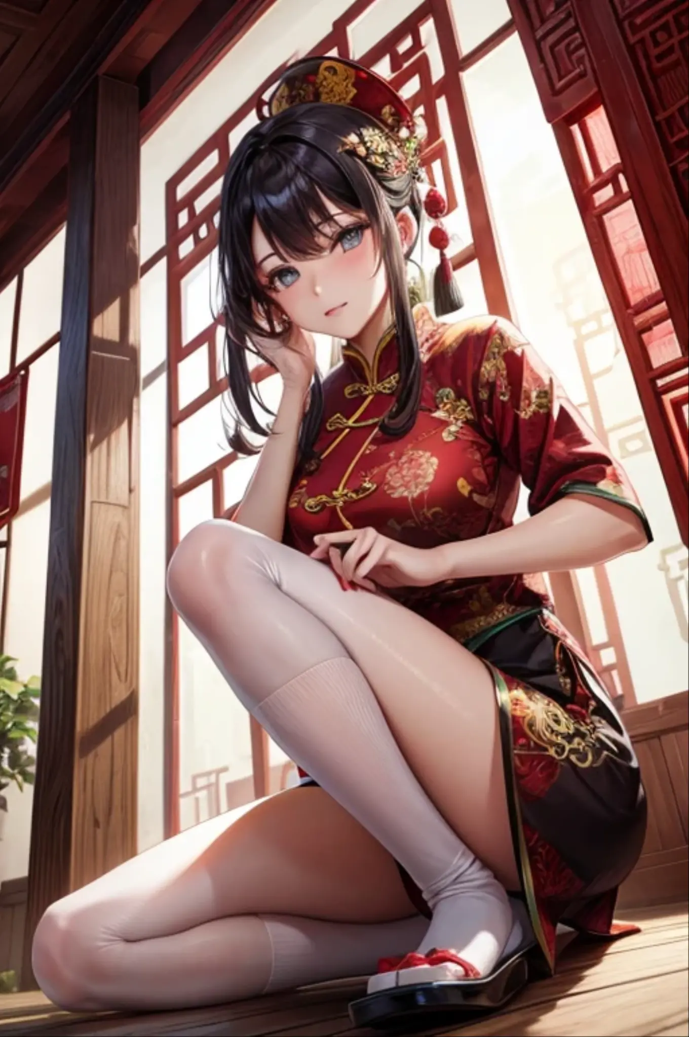 A young girl wears a blue and white silk cheongsam, loli face, double ponytail hairstyle, white over-the-knee stockings, and a pair of satin elbow gloves, the gloves must completely wrap the fingers, and the gloves need to be specially drawn. The girl had no shoes, and the whole person was half lying on the bed