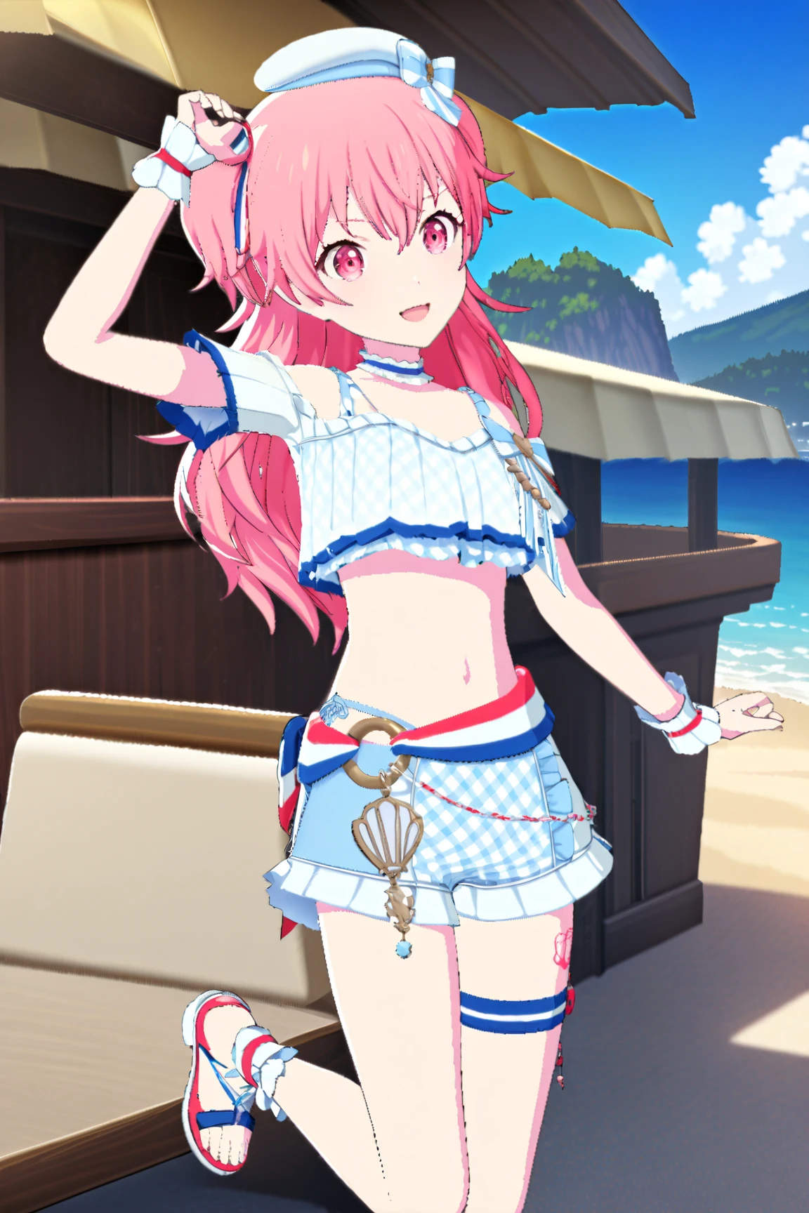 (masterpiece), best quality, 8k,(neuro-sama),(flat chest),fullbody,frilly bikini skirt, blue bikini,frilly bikini top,standing straight,beach,smiling,1girl,facing viewer,neuro_sama