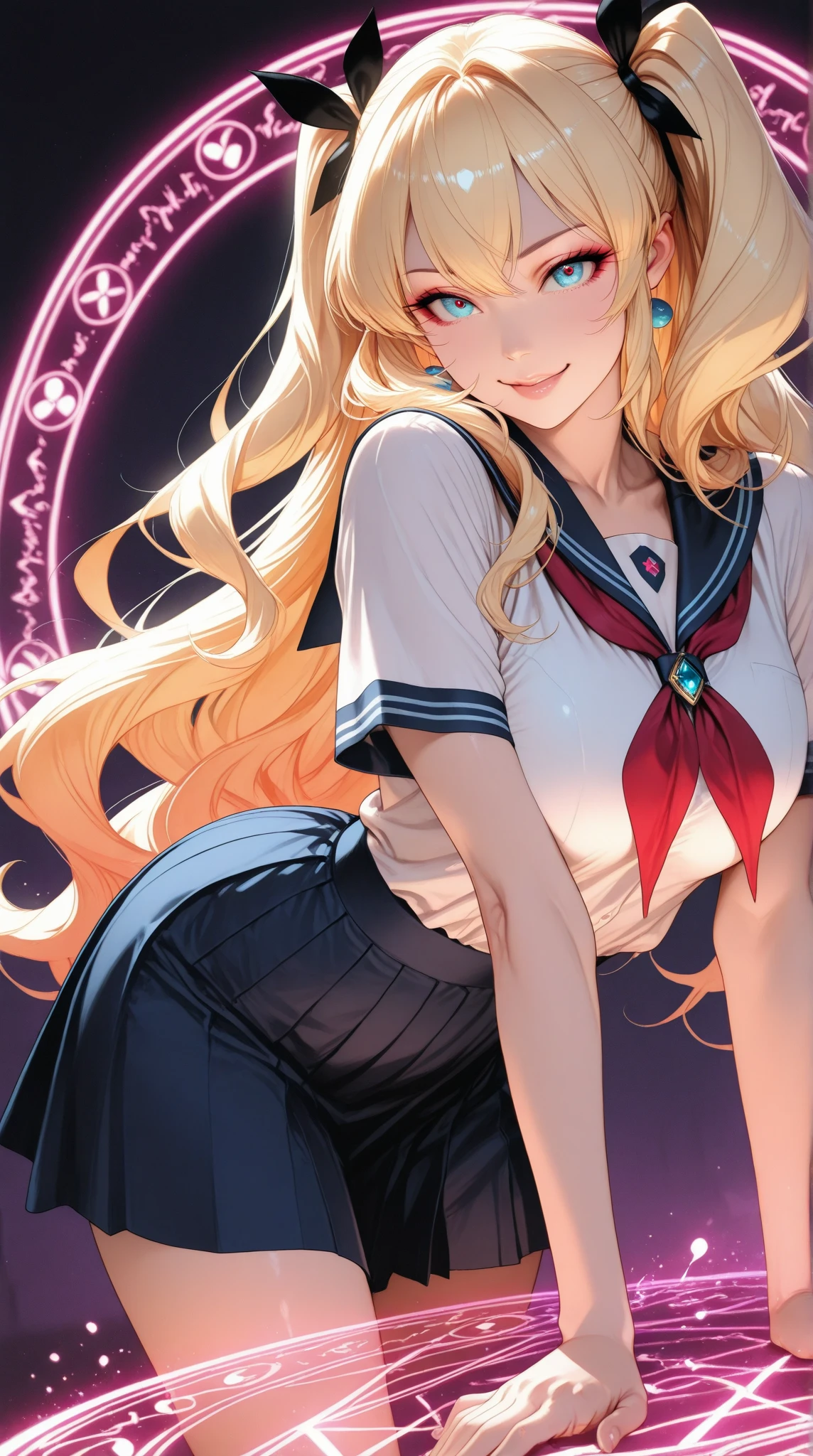 masterpiece, high resolution, best quality, beautiful art, charming art, detailed hands, 1 woman, solo, Power, mature woman, medium breasted, cleavage, wearing a Sailor Moon outfit, full body, sexy legs, sexy posing, wind blowing up her short skirt showing her white panties, looking at the viewer with passion, flirting, moonlight environment 