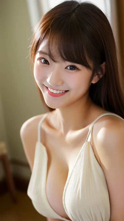 masterpiece,best quality,(Japanese cute girl),((Beautiful girl)),cleavage,indoor,(perfect body beauty:1.2),(shy smile),beautiful teeth,