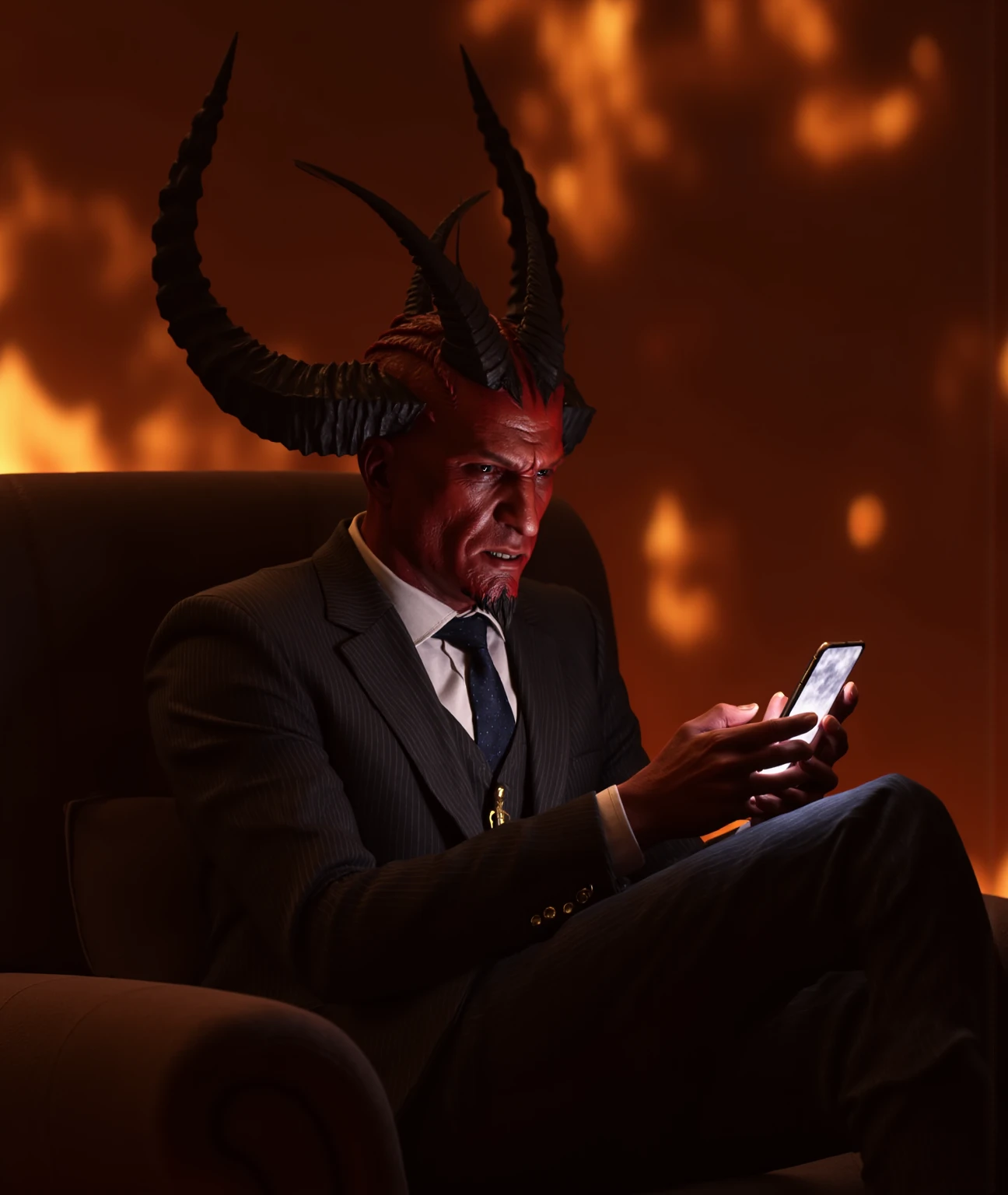 Sad devil with cell phone in hand