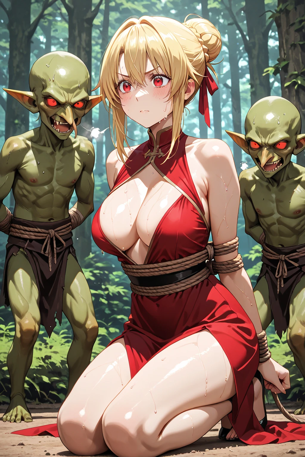 1 mature female,25yo,cleavage,(female wizard surrounded and attacked by multiple goblins during a battle),(Heinous estrus goblin),(red blush,crying),((torn gorgeous wizard dress:1.2)),(attacking magic,fire ball),dynamic pose,dynamic angle,micro panties