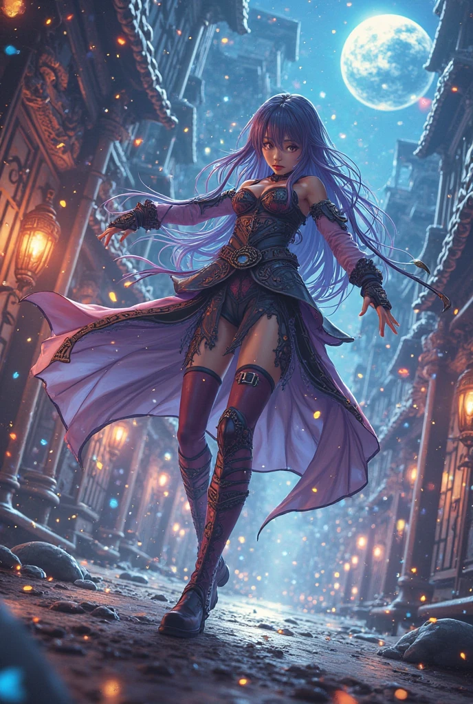 "Aya Goda, a beautiful female character in a fantastic world, with purple hair and striking features, depicted in a stunning screenprint style that combines the boldness of sots art with the intricate detail and elegance of fantasy."