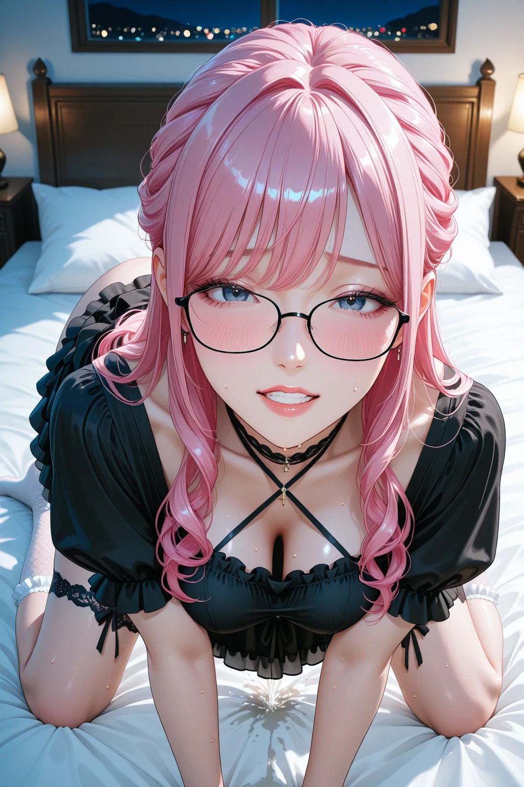 (1girl:1.3), Masterpiece, Best quality, amazing beauty, 4K, absurdres, finely detail, super detailed eye, perfect anatomy, official art, cinematic lighting, BREAK, bedroom, silky ponytail, asymmetrical bangs, pink hair, super shiny detailed yellow eyes, big eyes, sparkle(in the eyes), Staring, toothy grin, red round cell frame glasses, shy face, BREAK , big breasts, skinny, pale skin, , BREAK , (private clothes:1.2), (over-kneehighs:1.2), (bare shoulders:1.2), BREAK,()