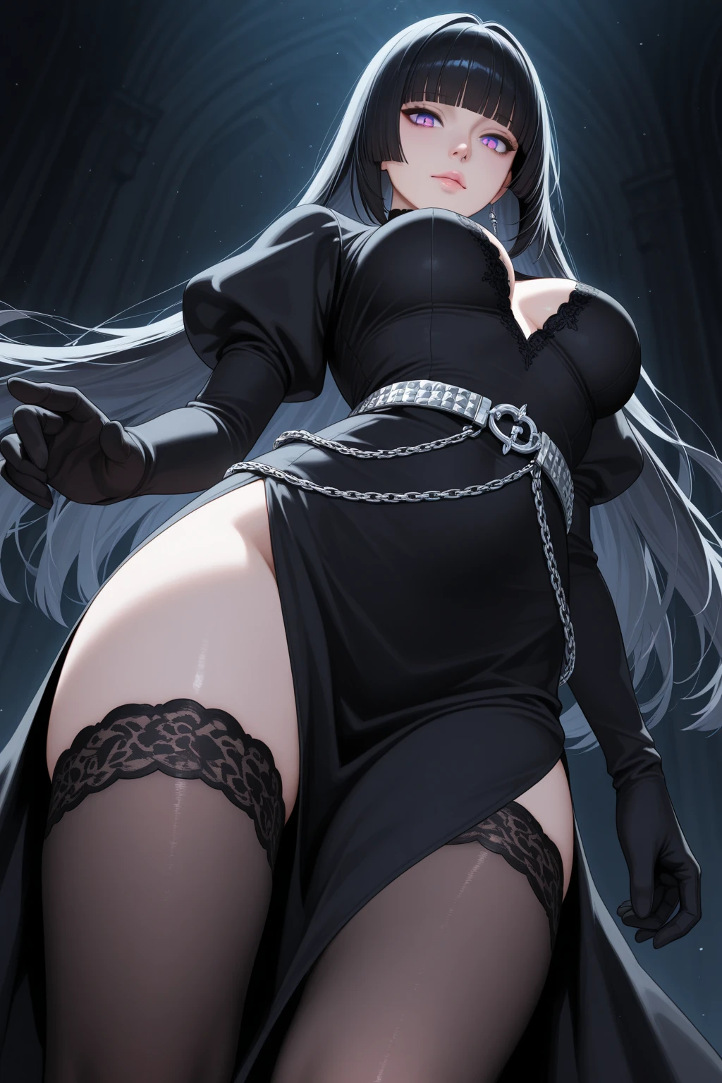 masterpiece, best quality, very aesthetic, absurdres, newest,1girl,cowboy shot, (contempt, disgust,shaded face,looking at viewer,frown),(from below,holding skirt, lifting skirt,panties),,kuroyukihime, accel_world, 1girl, antennae, black_footwear, black_gloves, black_hair,  breasts, butterfly_wings, cleavage, dress, duel_avatar, elbow_gloves,gloves, hair_ornament, high_heels, insect_wings, long_hair,  red_eyes, shoes, very_long_hair, wings,,in stairwell,