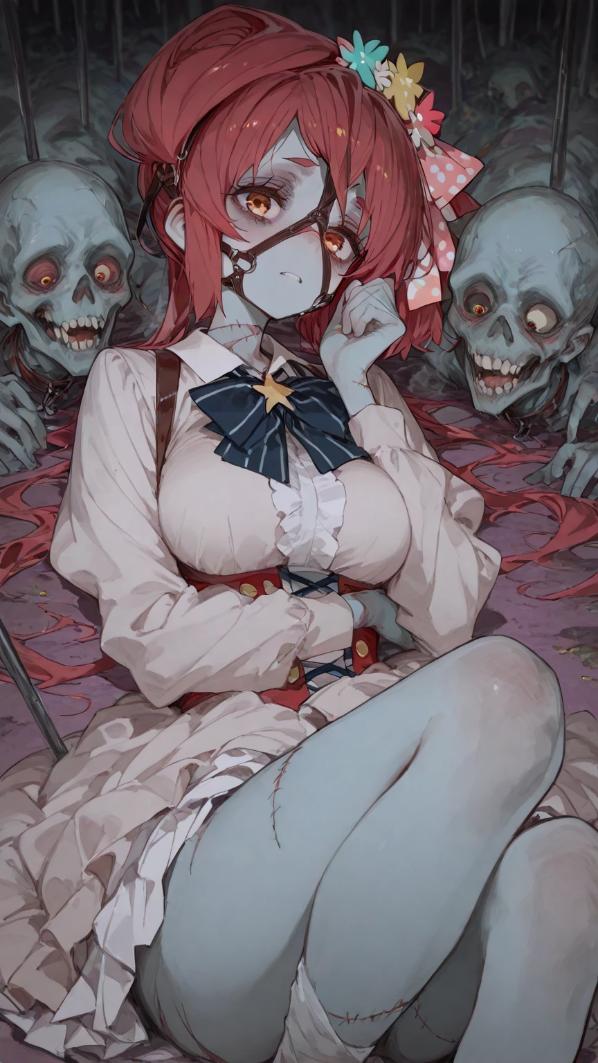 Lots of wounds,Monster Girl,crab zombie,skeleton,funeral home,It's hot,dimly lit,darkly,darkly,Flower of Death!!!!Zombie girl,1 plump girl,dead body,zombi,Flower of Death,Flower of Death,Flower of Death,Empty eyes,bleed,The clothes were tattered,nurses uniform, zombi,green color,biochemistry,crabs🦀,Huge crabs,monstergirl,Thin stature,wounds,bleed,zombi,Raised sexy,enthusiasm,monstergirl,crabs,Flower of Death,独奏, mediuml breasts, looking at viewert, face flushed, Short hair details, eBlue eyes, hair adornments, Straight combat uniform, ribbons, mediuml breasts, red hair clothes