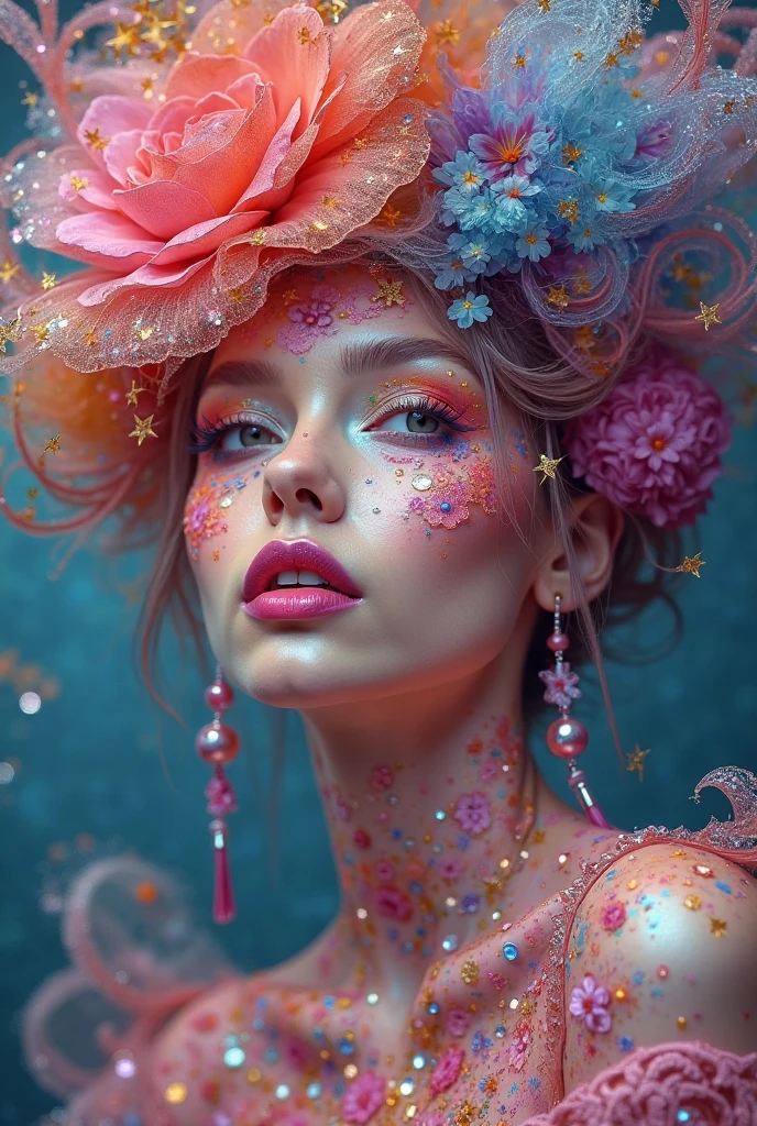 araffed woman in an elaborate dress holding a bouquet of Roses, in the style of cyberpunk, vibrant color compositions, body art, glittery, figura serpentinata, cinestill 50d, full body --ar 21:32 --s 750 --niji 5 --style cute