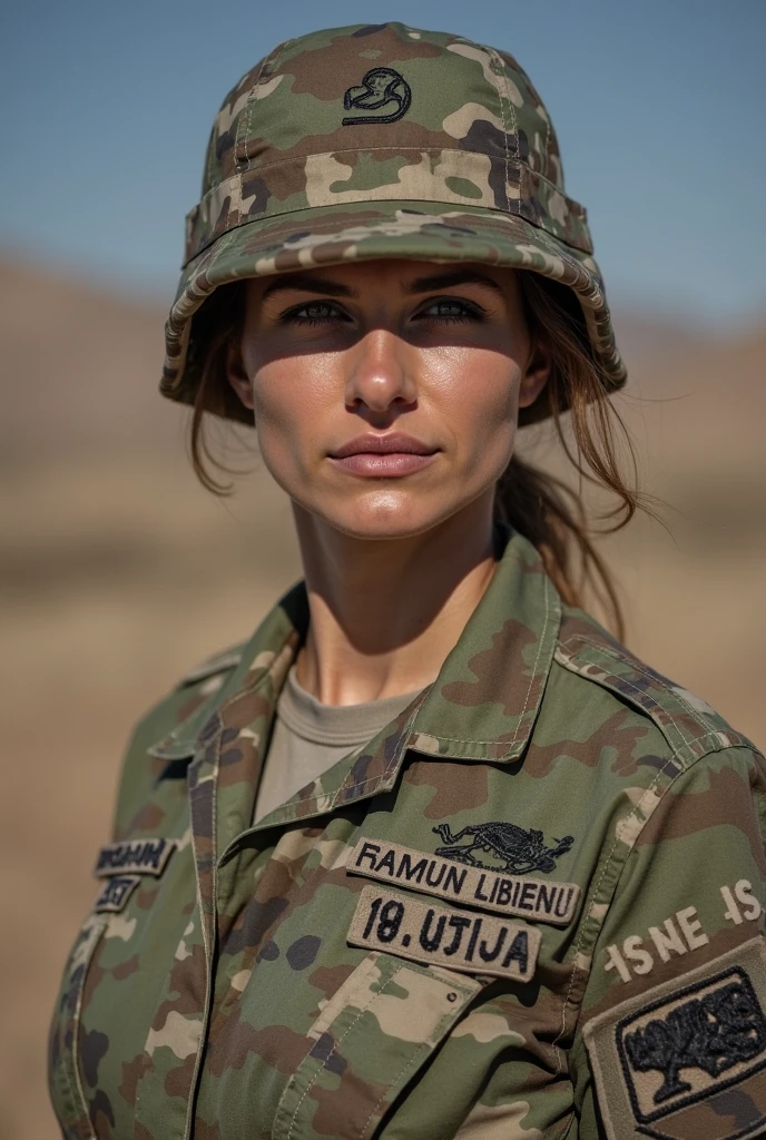 1girl, beautiful face, looking at viewer, soldier, army uniform, camo shirt, medals, badge, perfect skin, long hair, smile, brown hair, perfect eyes, brown eyes, realistic, pink lips, high resolution, ultra detailed, best quality, masterpiece, outdoors, soft lighting, perfect hair, soft shadows, detailed face, <lora:alina_habba:0.95>