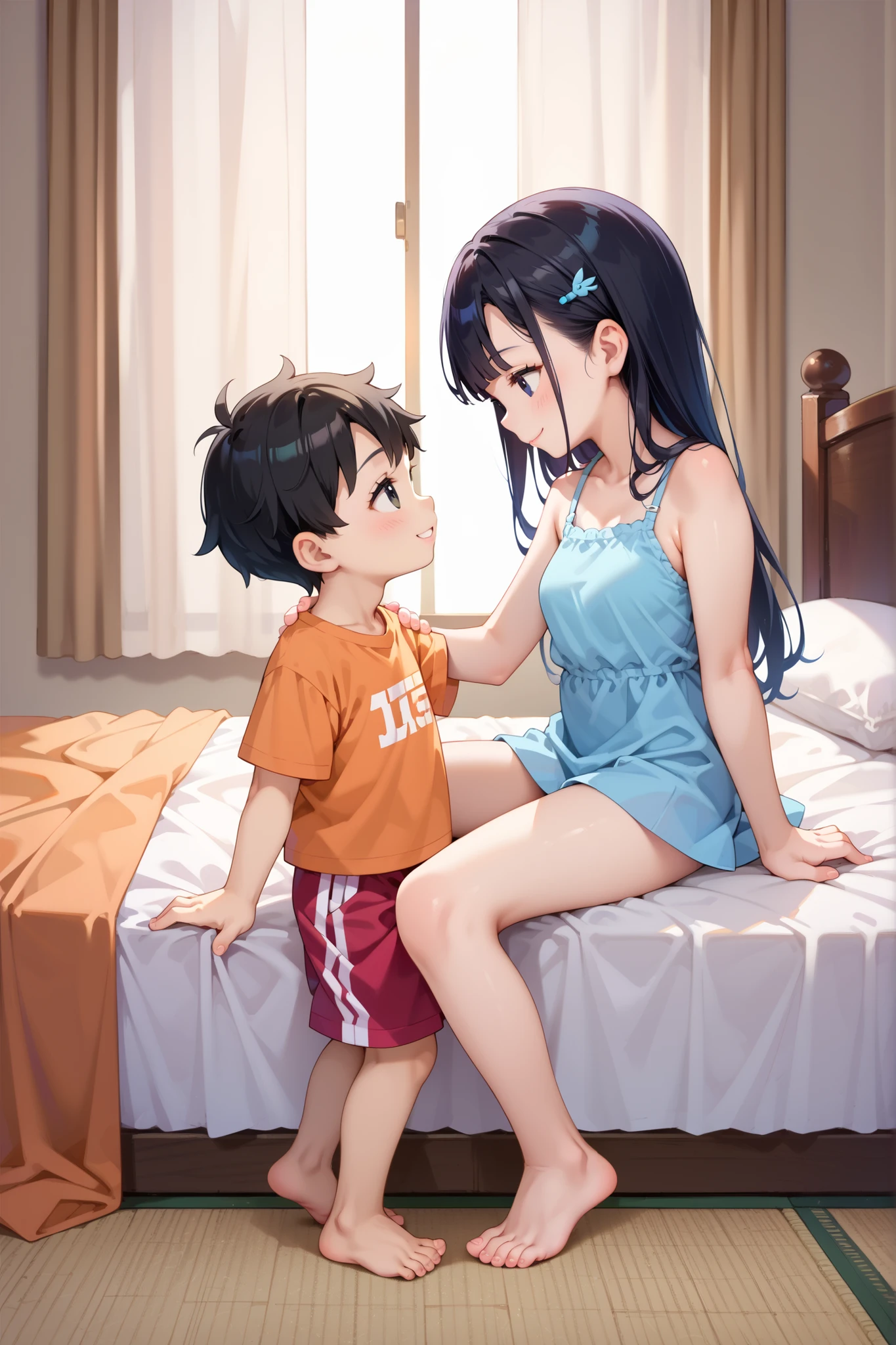 score_9, score_8_up, score_7_up, source_anime, masterpiece, highest quality, boy and woman, young boy, adult woman with middle-sized breasts and long hair, black eye, black hair, sitting on bed, barefoot, looking at each other, smile, full body