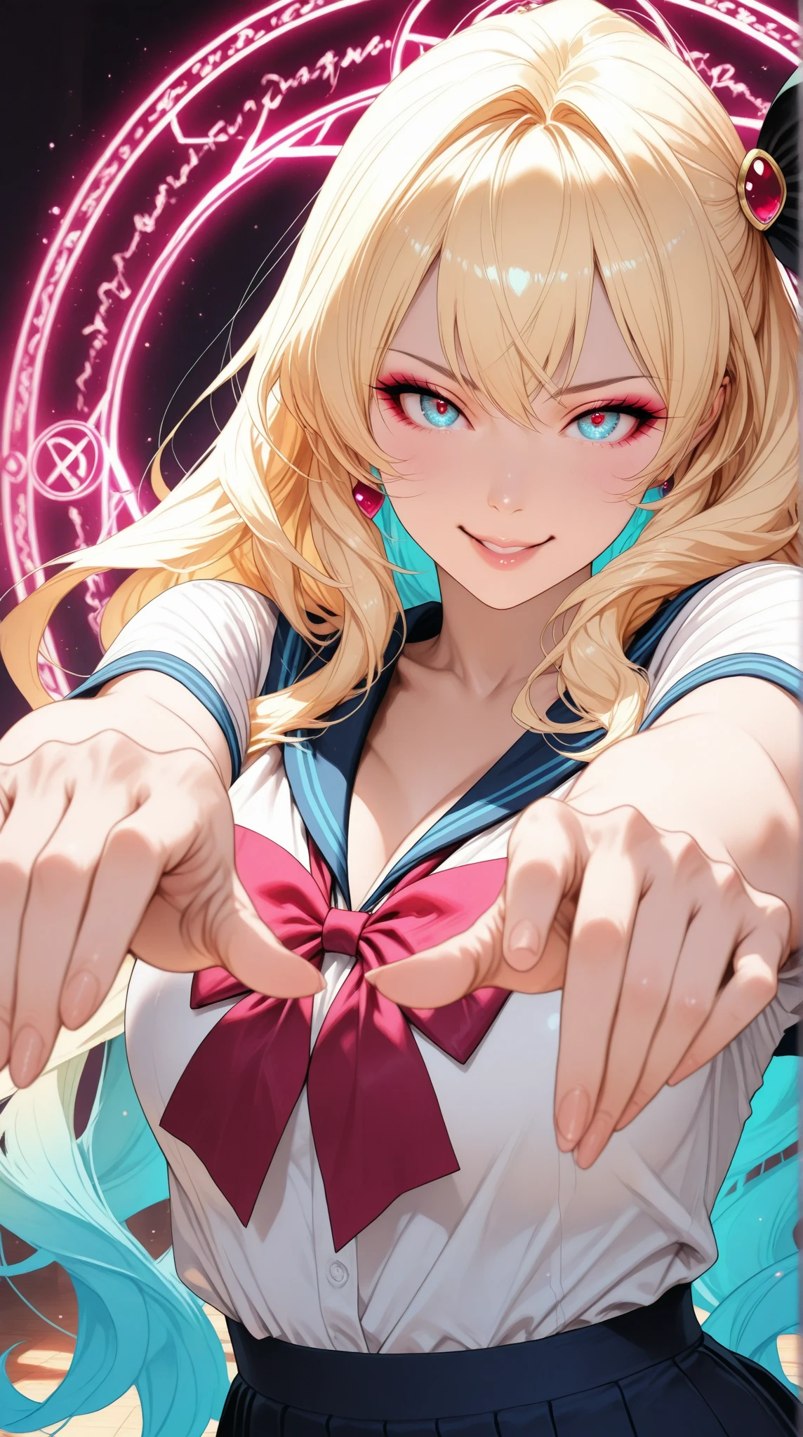 realistic, Medium Shot Like a Painting of a Seductive White Woman, 2, 5'9" tall, perfect, Graceful physique . Her Long, Wavy Hair Is Vivid Turquoise Blue,.  She's Attractive //, Beautiful Woman in School Uniform,  Her pose is fluid and captivating, As if offering a magical drop、Extending one hand towards the viewer.Emits a Magical Magic Circle from One Hand/ tender, Neon Colored Diffused Light from the Magic Circle, Shining brightly, 