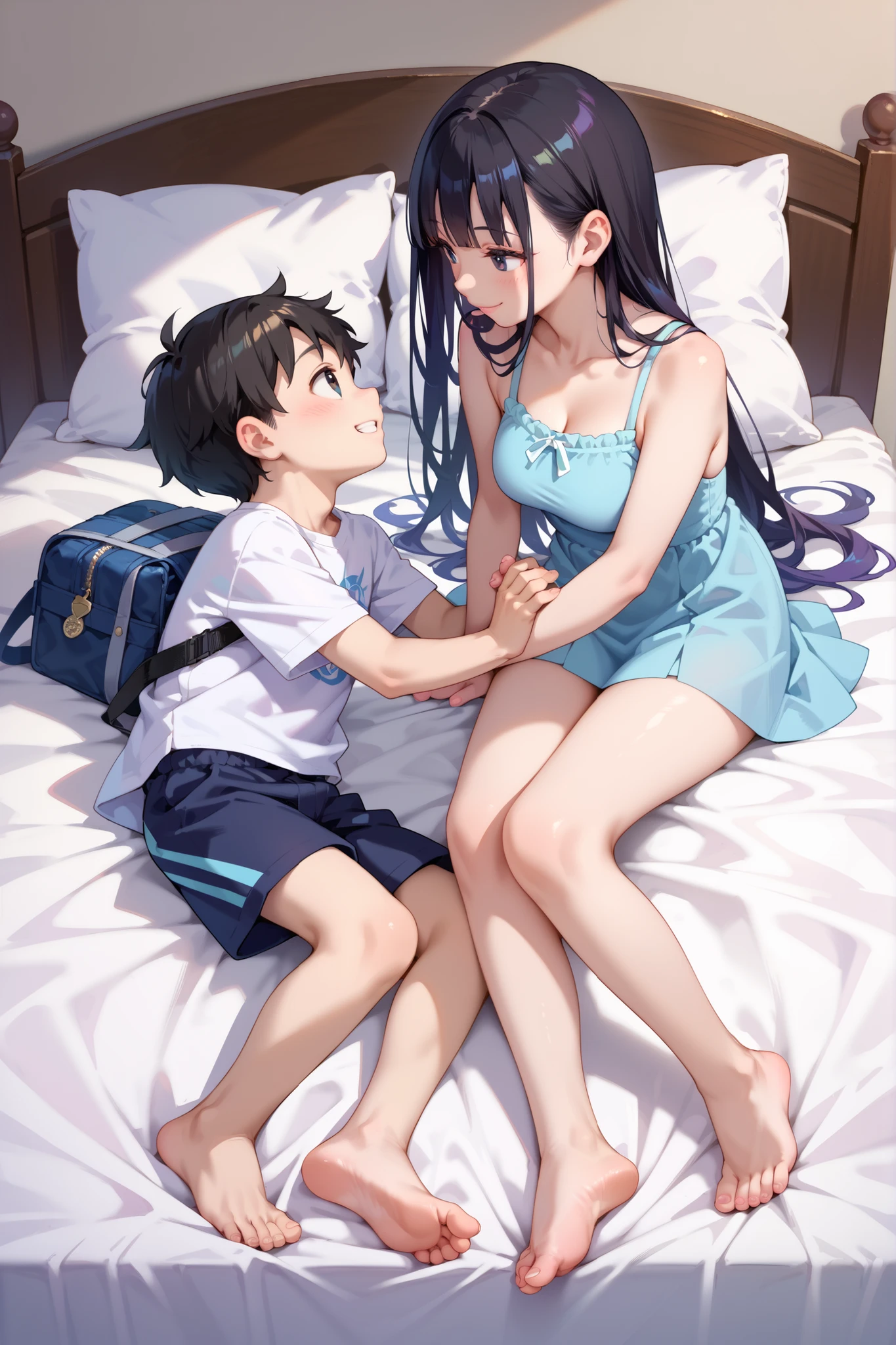 score_9, score_8_up, score_7_up, source_anime, masterpiece, highest quality, boy and woman, young boy, adult woman with middle-sized breasts and long hair, black eye, black hair, on bed, barefoot, looking at each other, smile, full body