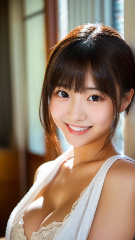 best quality, face focus, soft light, ultra high res, (photorealistic:1.4), RAW photo,(Shinozaki Ai),
1japanese girl, solo, cute, kawaii, smile, (pupil, lights in the eyes), detailed beautiful face, (busty),(high resolution detail of human skin texture),(long hair),(portrait), chest up, white traditional kimono, in the bedroom,