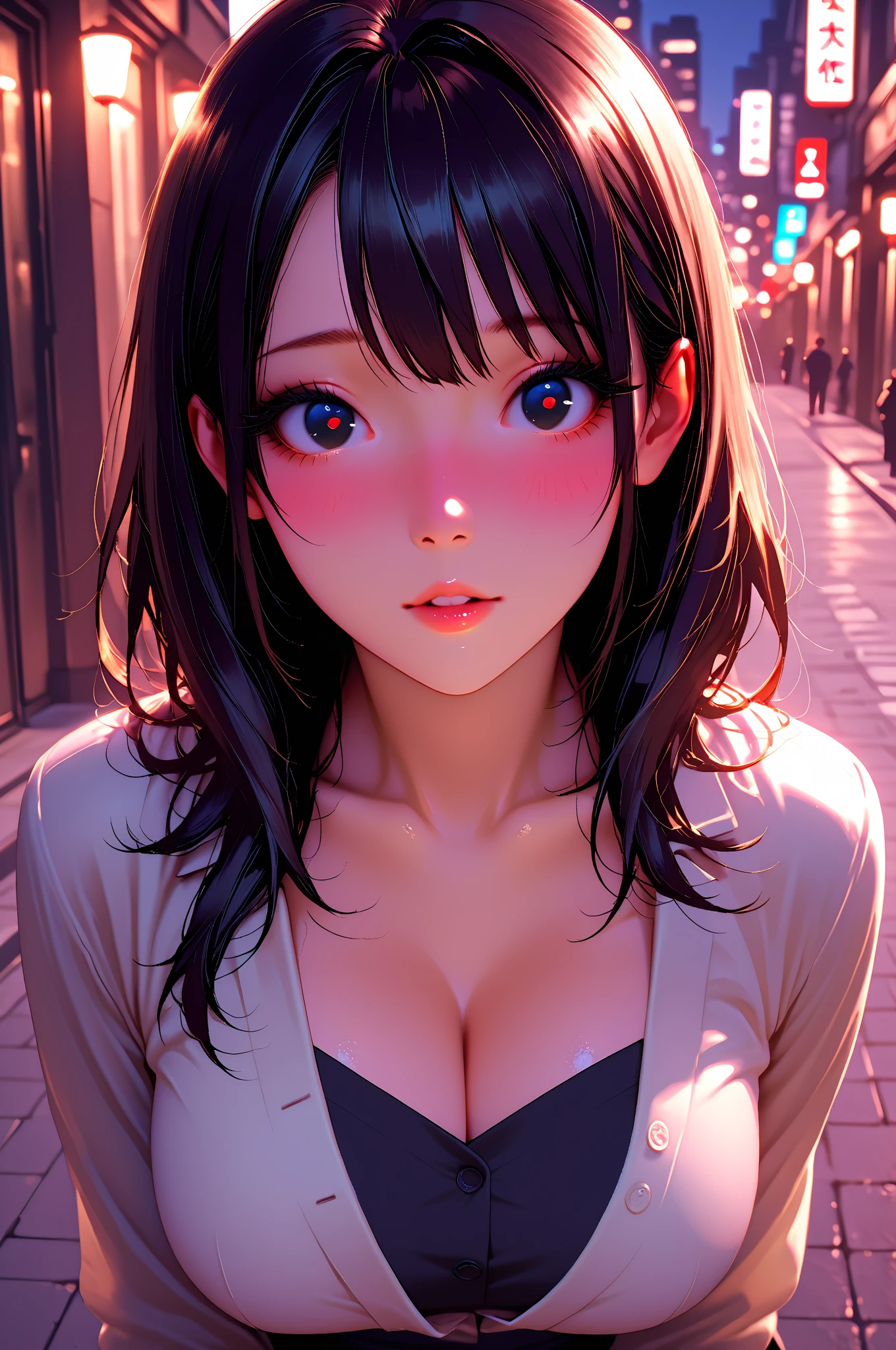 ((masterpiece, best quality, highres, UHD, perfect pixel, depth of field, 4k, RTX, HDR))), 1girl, single, solo, beautiful anime girl, beautiful artstyle, anime character, 24 years old, ((long hair, bangs, dark brown hair, curly hair:1.4, hair pin)), ((detailed face, blushing:1.2)), ((detailed eyes, anime eyes style, beautiful eyes, green eyes:1.8, sparkling effect)), ((smooth texture:0.75, realistic texture:0.5, anime CG style)), ((medium breasts, cleavage)), dynamic angle, busty, perfect body, ((close up, POV, cute, shot on face, holding hands)), ((casual clothes, white sweater, skirt, the bra is visible from inside the sweater)), outdoor background, absurd background, bokeh:1.4, ((night, night lights)), crowd, city building