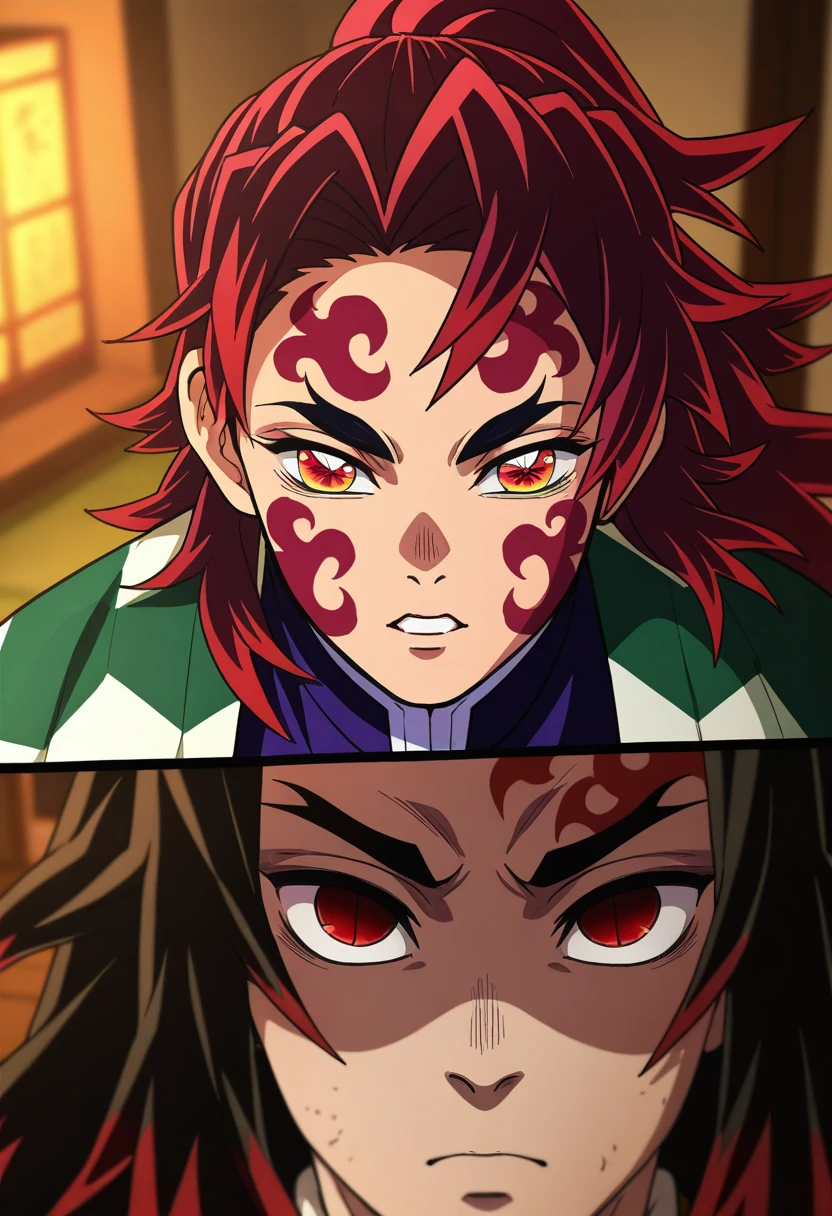 tmasterpiece, beste-Qualit, 独奏, 1boy, Vermilion hair, burgundy hair, (scars in the face:1.3), dark eyes, dark kimono, upper-body, portraite of a, bloods, ssmile