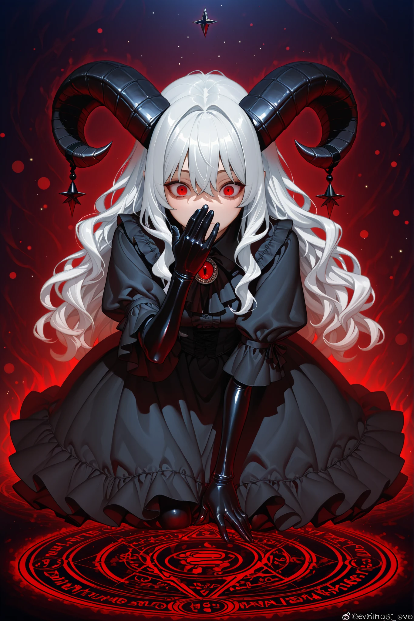 「Devilを召喚する」。Whispering in Front of the Magic Circle、hellの風が静かに吹き始める。魔法陣から現れる美しいDevil、Two big horns on his head、white hair、Red Eyes、black gothic dress。High Quality、4K、Ultra Fine、real、Photorealistic、HDR、UHD、studio light that converts to CG、Fine Art、sharp、Base Rendering、professional、bright colors、Bokeh Dark Fantasy、magic、dark art、horror、Devil、dramatic、 evil 、fear、黒magic、darkness、hell、Intrigue 、Creepy、Ominous Magic Circle、Black smoke、Red Flame、dark swirl、shimmering shadows、Cursed Space、disturbing atmosphere、Dark and cold、Possessed Dark Oil Painting、digital painting、surrealism、nightmare