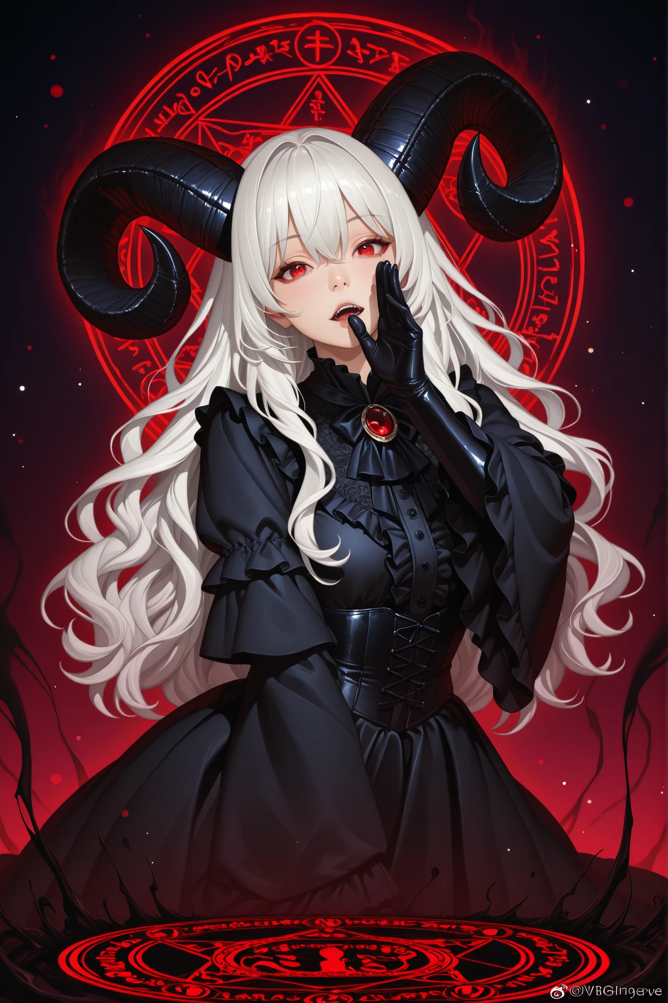 「Devilを召喚する」。Whispering in Front of the Magic Circle、hellの風が静かに吹き始める。魔法陣から現れる美しいDevil、Two big horns on his head、white hair、Red Eyes、black gothic dress。High Quality、4K、Ultra Fine、real、Photorealistic、HDR、UHD、studio light that converts to CG、Fine Art、sharp、Base Rendering、professional、bright colors、Bokeh Dark Fantasy、magic、dark art、horror、Devil、dramatic、 evil 、fear、黒magic、darkness、hell、Intrigue 、Creepy、Ominous Magic Circle、Black smoke、Red Flame、dark swirl、shimmering shadows、Cursed Space、disturbing atmosphere、Dark and cold、Possessed Dark Oil Painting、digital painting、surrealism、nightmare