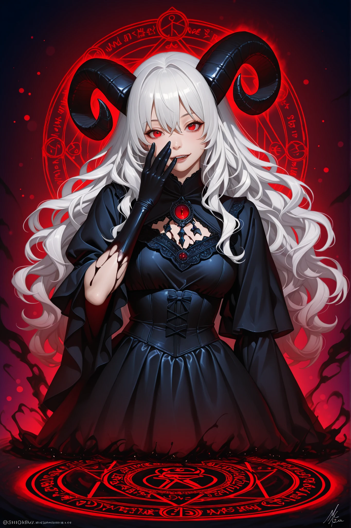 「Devilを召喚する」。Whispering in Front of the Magic Circle、hellの風が静かに吹き始める。魔法陣から現れる美しいDevil、Two big horns on his head、white hair、Red Eyes、black gothic dress。High Quality、4K、Ultra Fine、real、Photorealistic、HDR、UHD、studio light that converts to CG、Fine Art、sharp、Base Rendering、professional、bright colors、Bokeh Dark Fantasy、magic、dark art、horror、Devil、dramatic、 evil 、fear、黒magic、darkness、hell、Intrigue 、Creepy、Ominous Magic Circle、Black smoke、Red Flame、dark swirl、shimmering shadows、Cursed Space、disturbing atmosphere、Dark and cold、Possessed Dark Oil Painting、digital painting、surrealism、nightmare