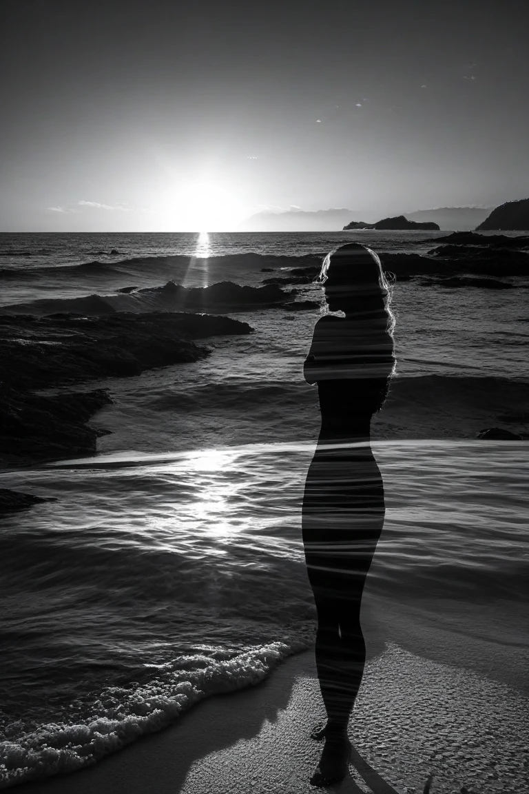 reflection of a person with hat:1.3) walking on (still water:1.4), (black and white composition:1.5), (realistic image:1.4), (image consists of water only:1.2), subtle grain in post-processing, serene atmosphere, minimalist aesthetic.