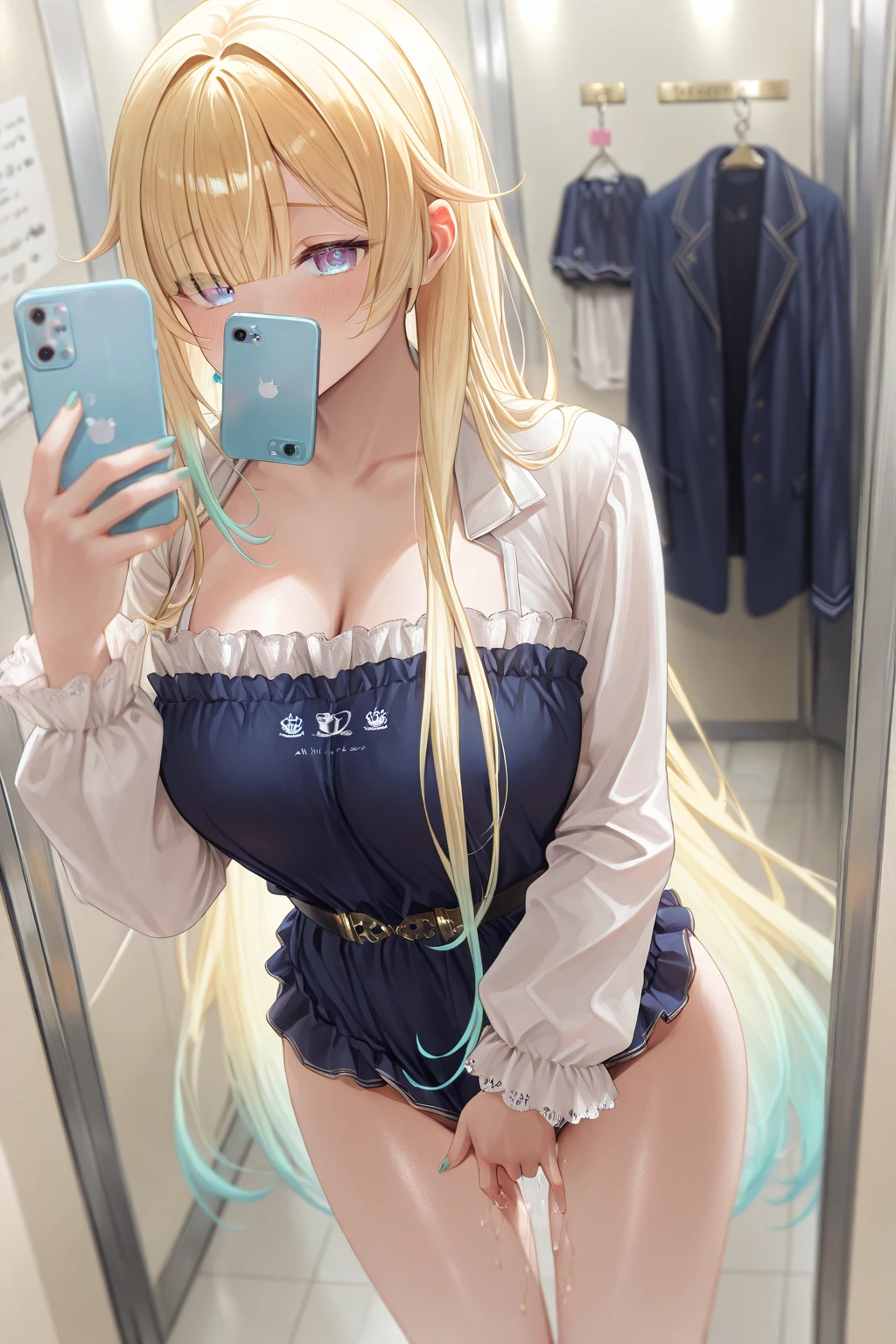 (masutepiece:1.3), High resolution, ultra-detailliert, the Extremely Detailed CG Unity 8K Wallpapers, Realistic, Photorealsitic, Raw photo, beautifull detailed face, pale skin, realistic glistening skin, Detailed Cloth Texture, detailed hair texture, Perfect body, Beautiful face, acurate, Anatomically correct, Highly detailed face and skin texture, Natural neck length, (Beautiful hands), (Fair skin:1.2), Sweaty skin:1.2, thin legs, Thin feet, Sexy thighs,
BREAK,
Detailed eyes, symmetrical eye, Light brown eyes, Double eyelids, Thin eyebrows, (Glossy lips:1.4), ((Pretty smile:1.2)), (blush:1.2),
BREAK,
(a very pretty girl:1.3), (Wearing a neon colored micro bikini:1.2), (Wearing a long-knit cardigan:1.2),
(Large breasts, cleavage:1.1), (firm breasts, nice shaped breasts, Slender figure:1.2), Firm abs,
(Dark blonde hair, Wavy Hair, Medium Long Hair:1.2), ((asymmetrical bangs:1.2)), (upperbody shot:1.2), (Looking at Viewer:1.2),Angle from above、POV,
BREAK,
((Woman Inviting Man:1.2)), (Super erotic night room:1.2),
BREAK,
((Blue Neon Light:1.3)),the pose、doorway,A MILF