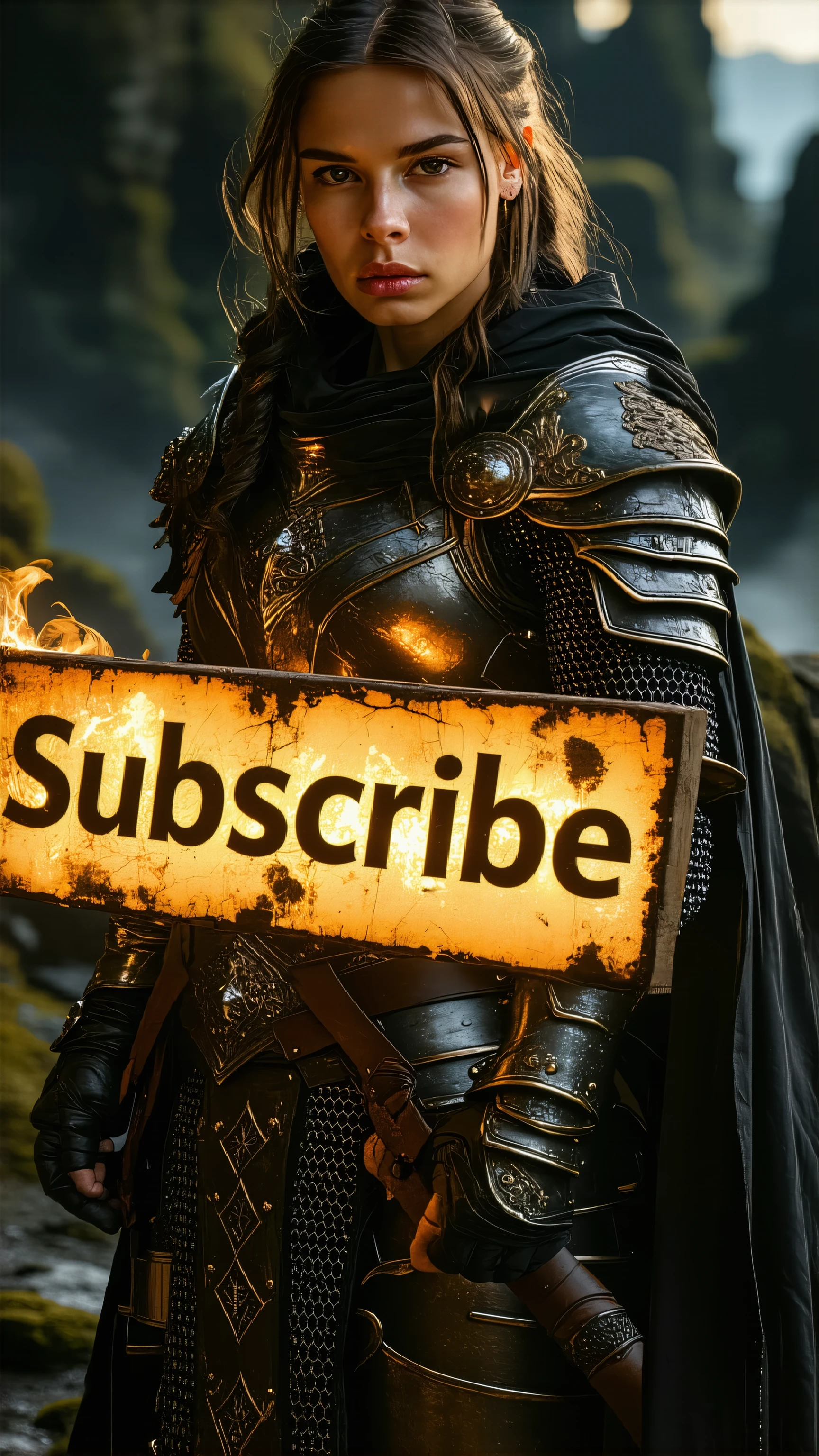 A cinematic ultra HD 8K photorealistic portrait of a powerful and sensual female warrior from a unique universe (Marvel/DC/Norse/Fantasy), standing confidently in a dramatic environment that reflects her origin — be it a Nordic battlefield, cyberpunk city, mystical jungle or alien wasteland. She is holding a glowing or engraved "Subscribe" sign made of materials related to her theme (e.g., enchanted wood, vibranium, ice, dark magic runes). Her pose is strong yet elegant, with one leg slightly forward, cape flowing behind her, and piercing eyes locked directly into the camera. The lighting is intense and cinematic, with volumetric fog, dynamic shadows, and atmospheric effects. Her costume is detailed, battle-worn yet regal, showing both strength and allure. 9:16 aspect ratio, hyper-realistic textures, shallow depth of field, motion blur, and dramatic lens flare.