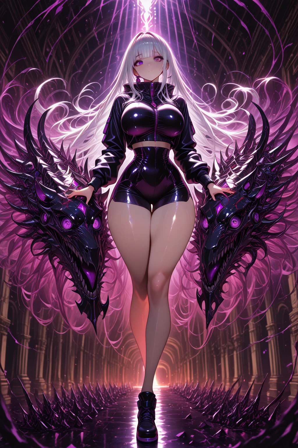 Stormy Daniels as a hyper-giant, Hyper-powerful demon with a demon horn on its head and demon wings, and throws purple lightning bolts at a building and breaks buildings , ville en ruine post apocalyptique,
