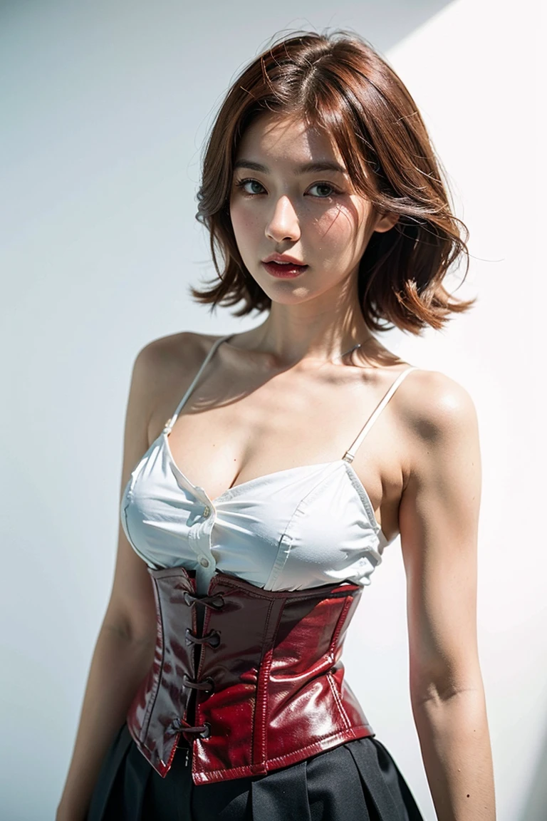 (In solitary confinement), (shibari), ((Highest quality, 8K, masterpiece: 1.3)), Sharp focus: 1.2, Beautiful woman with perfect figure: 1.4, Slim Abs: 1.2, ((Layered Cut, big: 1.2)), (rain, street: 1.2), Wet body: 1.5, Highly detailed face and skin texture, Fine grain, Very short hair, studio,Bondage,slave, Red Corset,bondage