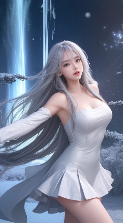 ((masterpiece:1.5、8k、Tabletop、フォトリアリスティックでVery detailedなCG、Very detailed、Particle Effects、Dynamic Effects、Written boundary depth、Cinematic Light、Lens flare、Ray Tracing、Tabletop、Realistic:1.4、Ultra-high resolution:1.2、Realistic、Realistic))((alone、,Woman wearing a white fur coat over an off-the-shoulder dress:1.4、Wear a long scarf、Elegant woman posing:、Detailed face、bright表情、young, bright, Whiter skin、Ample breasts、Best Looks、Ultimate beauty、Shiny silver hair with highlights、Bright and shiny hair,、Super long, Silky straight hair、Hair dancing in the wind))(morning、The setting is outdoors in the snow、Surrounded by illuminations)
