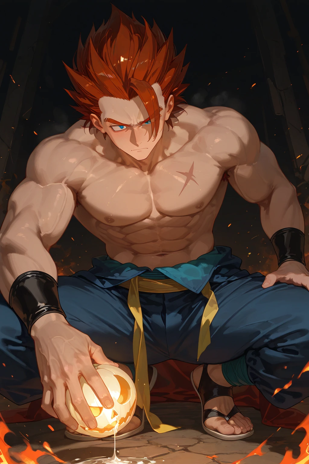 ((upper body)) masterpiece, best quality red eyes, game cg, 2boys adult men, (naked:1.2) rugged adult face, duo, male focus, looking at viewer, upper body, Natsu Dragneel natsu_dragneel, pink hair, red eyes, (shirtless naked), toned muscle, pectorals, 8 abs, toned legs, naked, slightly bulged, (large fire:1.5) and ember (particle effects:1.2), detailed, dynamic lighting, well lit, (fire on skin:1.2), (skin burning:1.2), (eyes on fire:1.2), penis and scrotum, ((view from far distance)) ((white scarf))