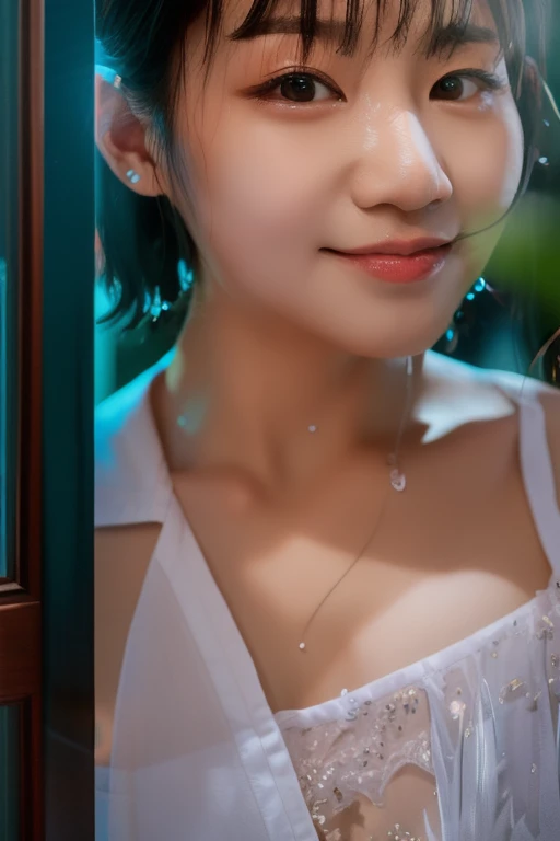 (8k, best quality, masterpiece:1.2), (realistic, photo-realistic:1.37), super detailed, 1 girl, cute, solo, beautiful detailed sky, detailed cafe, night, sitting, dating, ( red nose), (smile: 1.15), (shut up) small breasts, beautiful and delicate eyes, (collared shirt: 1.1), night, wet, business attire, rain, white lace, (short hair: 1.2), floating hair NovaFrogStyle , topless,
