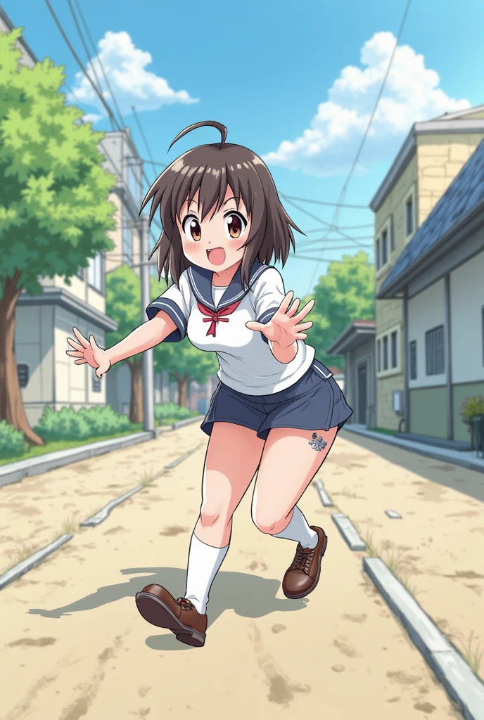 4 children, black-haired girl and red-haired girl, blue sky background、Children's book illustration style, Simple and cute, 6 years old, no hat, without glasses、Animation style like Studio Ghibli、full body shot、happy smile、mini skirt、detailed female genitalia、hairless pubic hair、Everyone lined up、Puddle under your feet
