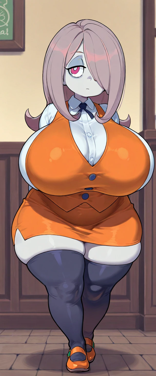 (masterpiece), best quality, female warrior, huge girl, female muscular:1.2, (curvy:1.7), (((blank background))), ((full body)), fingerless gloves, sandals, sleeveless, covered nipples, ((buzzcut hairstyle)), purple hair, hair over eyes, ((very big legs:1.4)), ((camel toe)), (cleavage)